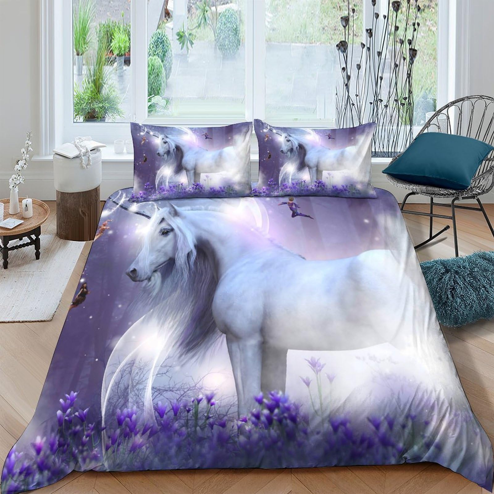 Ctjqhvkz Style-1 3D Printed White Unicorn Fitted Sheet Microfiber Soft Purple Dreamy Forest Bed Cover For Bedroom Guest Room Mattress Protection Single（135X200cm）