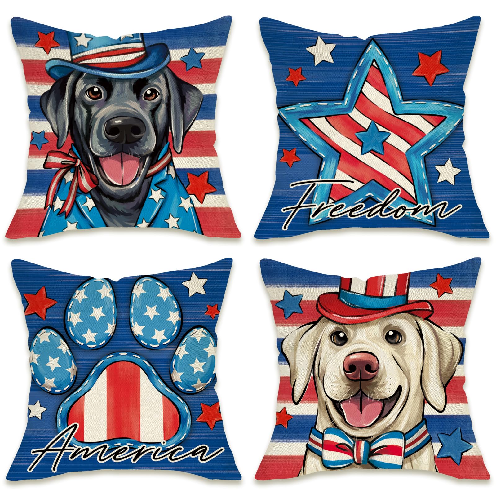 Fahrendom 4th of July Dog Patriotic Decorative Throw Pillow Covers 18 x 18 Set of 4, America Labrador Pet Paw Print Stars Blue Outdoor Pillowcase,