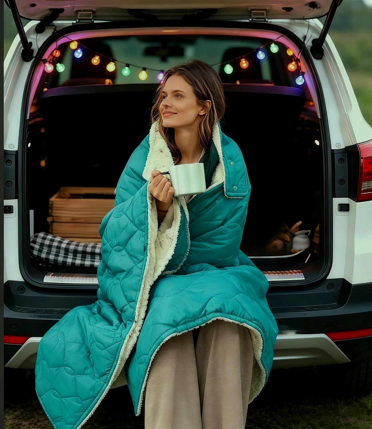Heated Blanket Battery Operated with Hood, 12V Cordless Wearable Camping Outoor Office Blanket with Storage Bag（12V 15000mAh Battery & 70x50in Large Size）