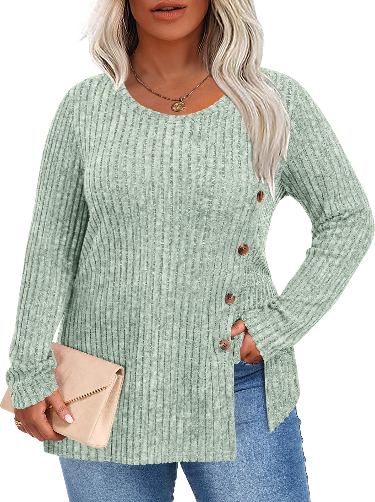 HOTGIFT Women Plus Size Top Knit Long Sleeve Sweater Button Tunic XL-5XL