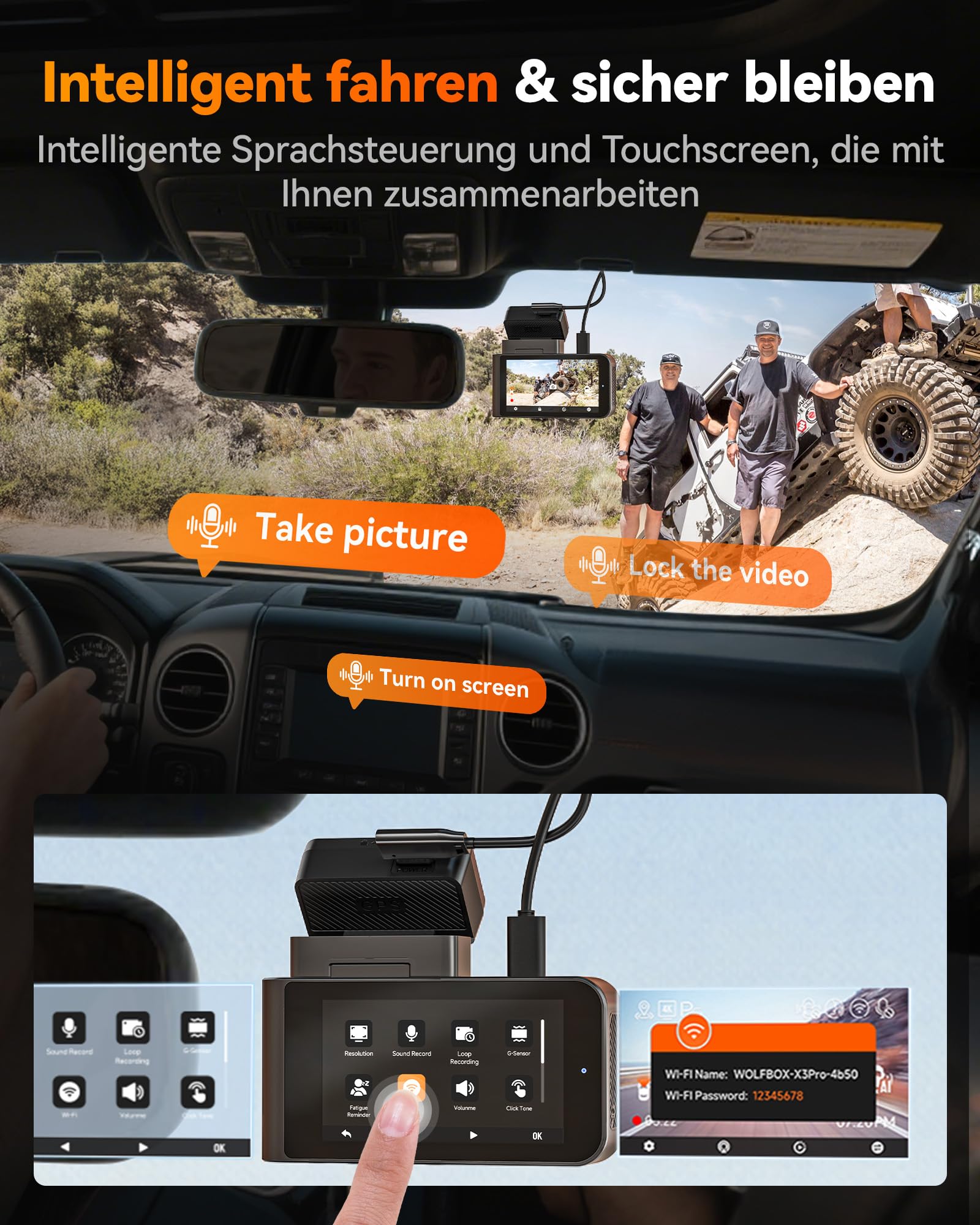 WOLFBOX X3 PRO Dashcam Auto, Dual 5MP STARVIS 2 IMX 675, 1440P 60FPS+1440P ADAS Dashcam Auto Vorne Hinten, Bildstabilisierung mit 5.8GHz WiFi, Sprachsteuerung & Touchscreen, 64GB Karte & GPS Inklusive