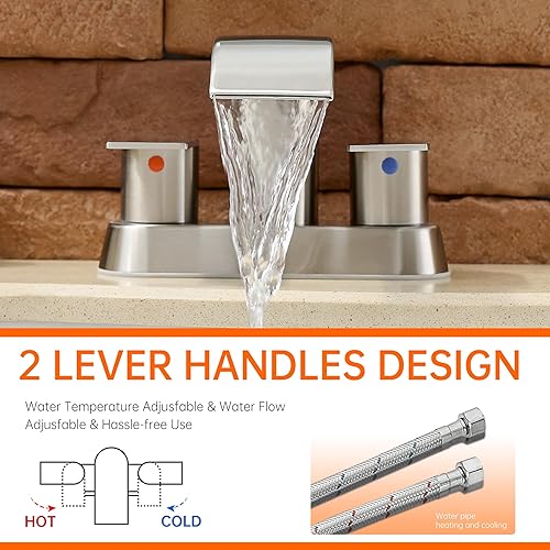 Miniatura 6 de Fransiton Grifo de lavabo de baño de cascada de níquel cepillado de 4 pulgadas y 2 manijas con montaje de drenaje desplegable