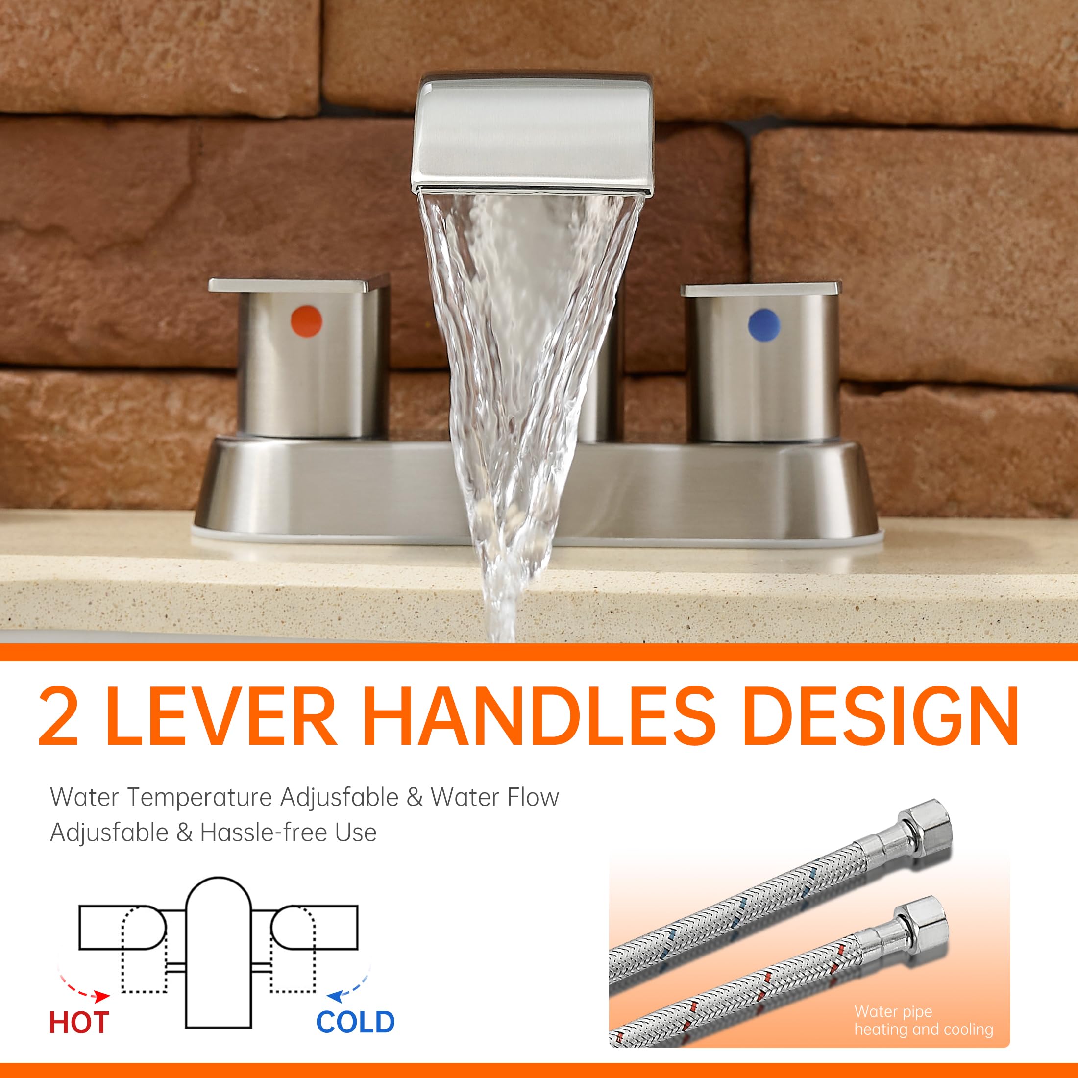 Waterfall Bathroom Sink Faucet 4 Inch Brushed Nickel Faucet Bathroom with Pop Up Drain 2 or 3 Holes — view 6