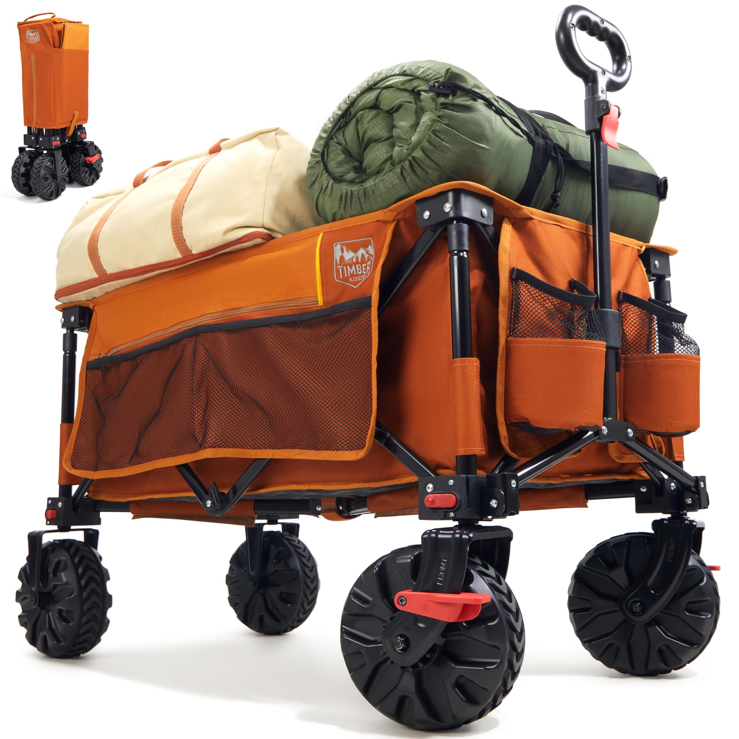 TIMBER RIDGE Festival Trolley on Wheels with Brakes, 200L Foldable Camping Trolley Cart with Adjustable Handle & Cover Bag, 100kg Heavy Duty Beach Cart Wagon for Outdoor Garden Picnic (Orange)
