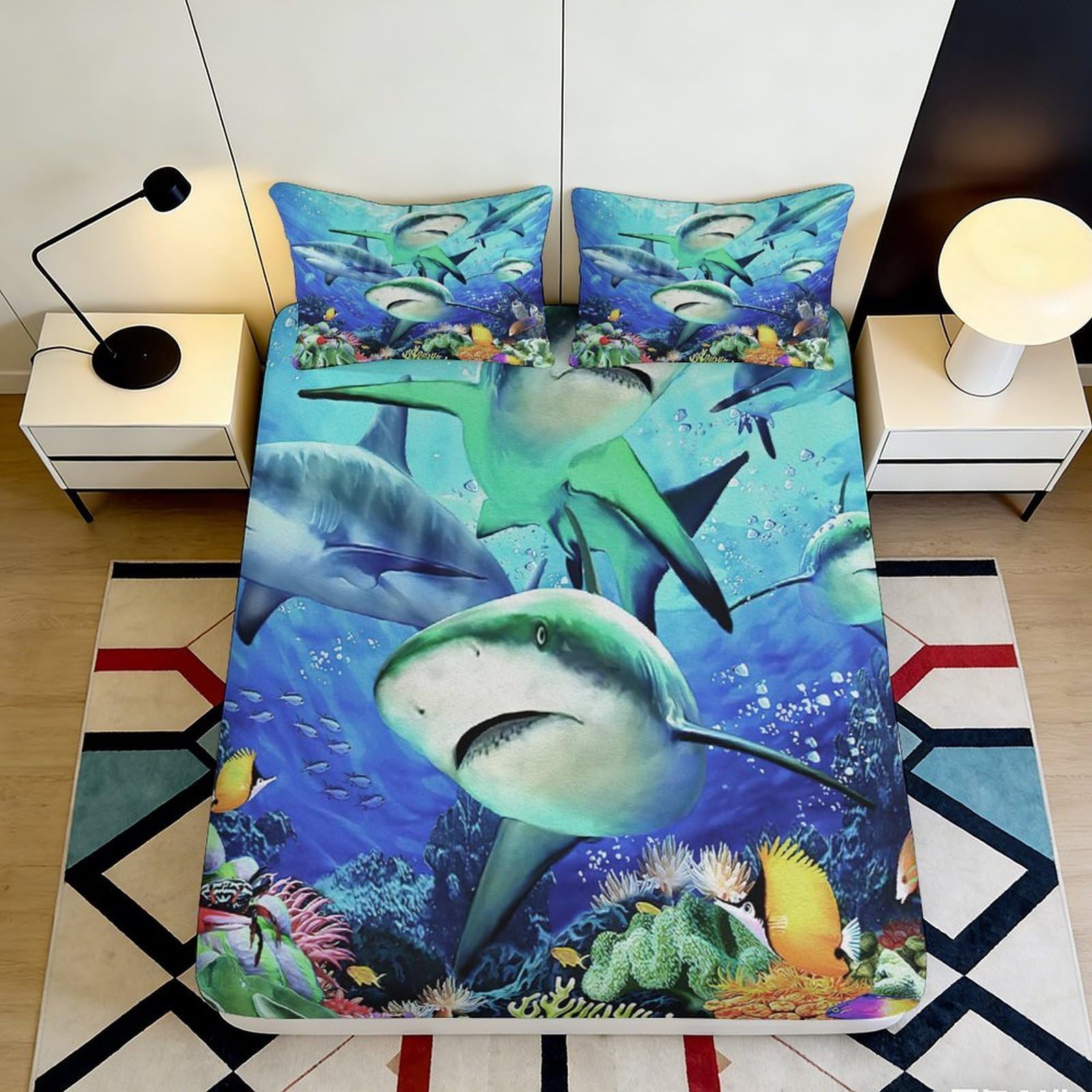 Pnayamiorkfel Style-10 3D Printed Ocean Shark Fitted Sheet Microfiber Underwater Coral Mattress Cover For Bedroom Guest Room Decor 90X200x25cm