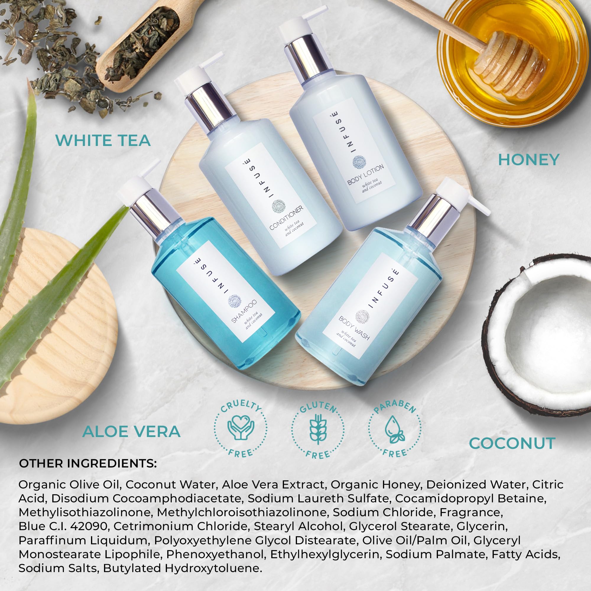 1-Shoppe Infuse 4 Piece Ecobox All-In-Kit | White Tea and Coconut Soap | 1 Shampoo, 1 Conditioner, 1 Body Wash and 1 Lotion | 10.14 oz Hotel Soaps and Toiletries Bulk | Personal Care Products 3