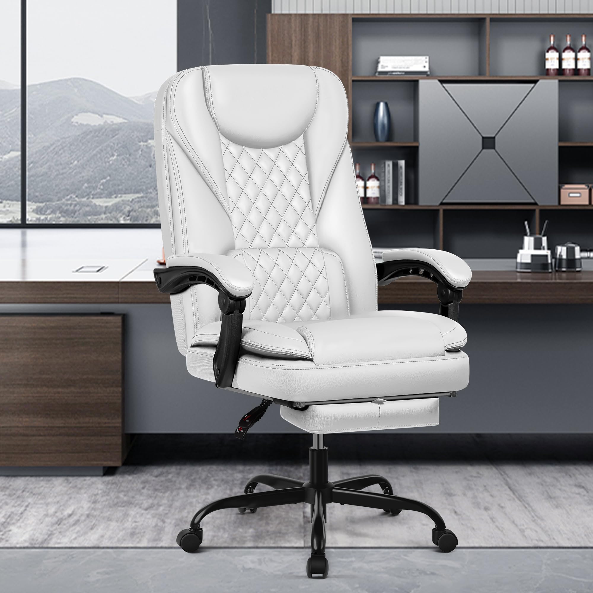 Bürostuhl ergonomischer Schreibtischstuhl bis 140°mit Fußstütze Kopfstütze Wippfunktion Drehstuhl Chefsessel Kunstleder, Grau