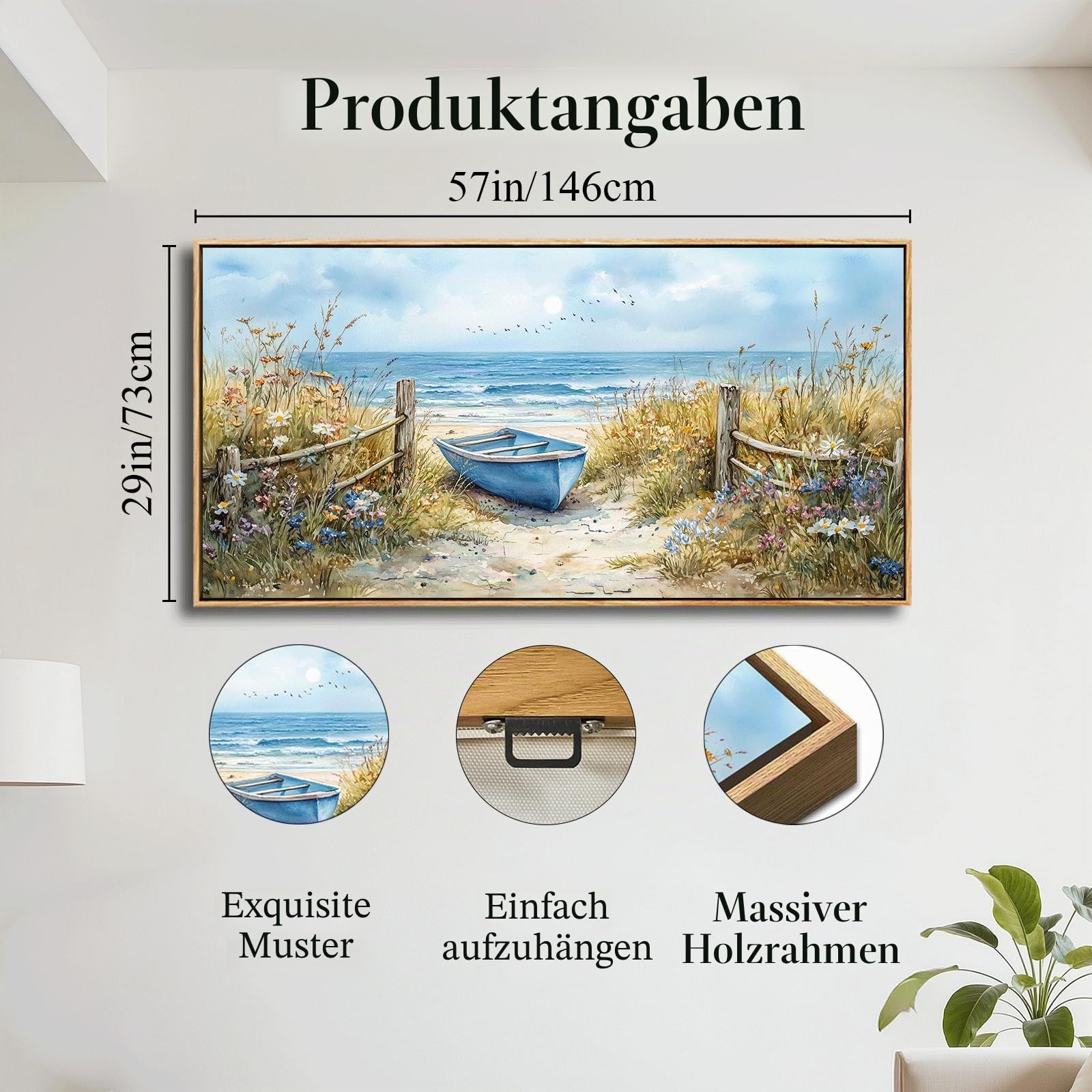 JHHUAMO Strandboot Bilder mit Rahmen Schlafzimmer Wohnzimmer 73x146 cm | Küstenwildblumen Wandbild, Hochauflösender Druck, Exquisite Handwerkskunst, Einfaches Aufhängen, Vielseitig Einsetzbar