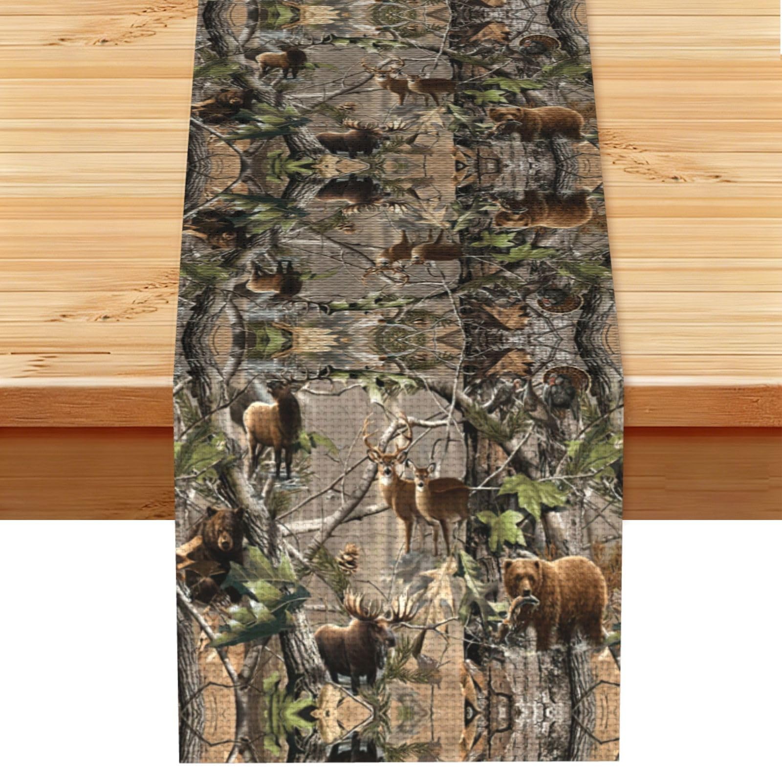 Wildlife Hunting Deer Bear Elk Printed Dining Table Runner 13x72 Inch, Non-Fading Decor for Kitchen Dresser Fireplace Mantel