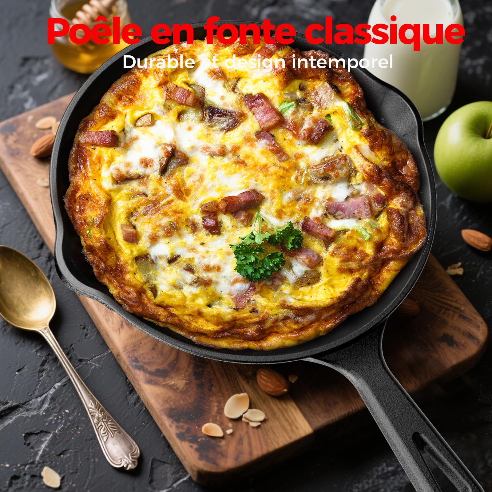 YASHE Ensemble de 3 poêles en fonte, poêles à frire robustes et durables, à culotter avant usage, compatibles tous feux dont induction, tailles 16 cm, 20 cm et 26 cm, Noir