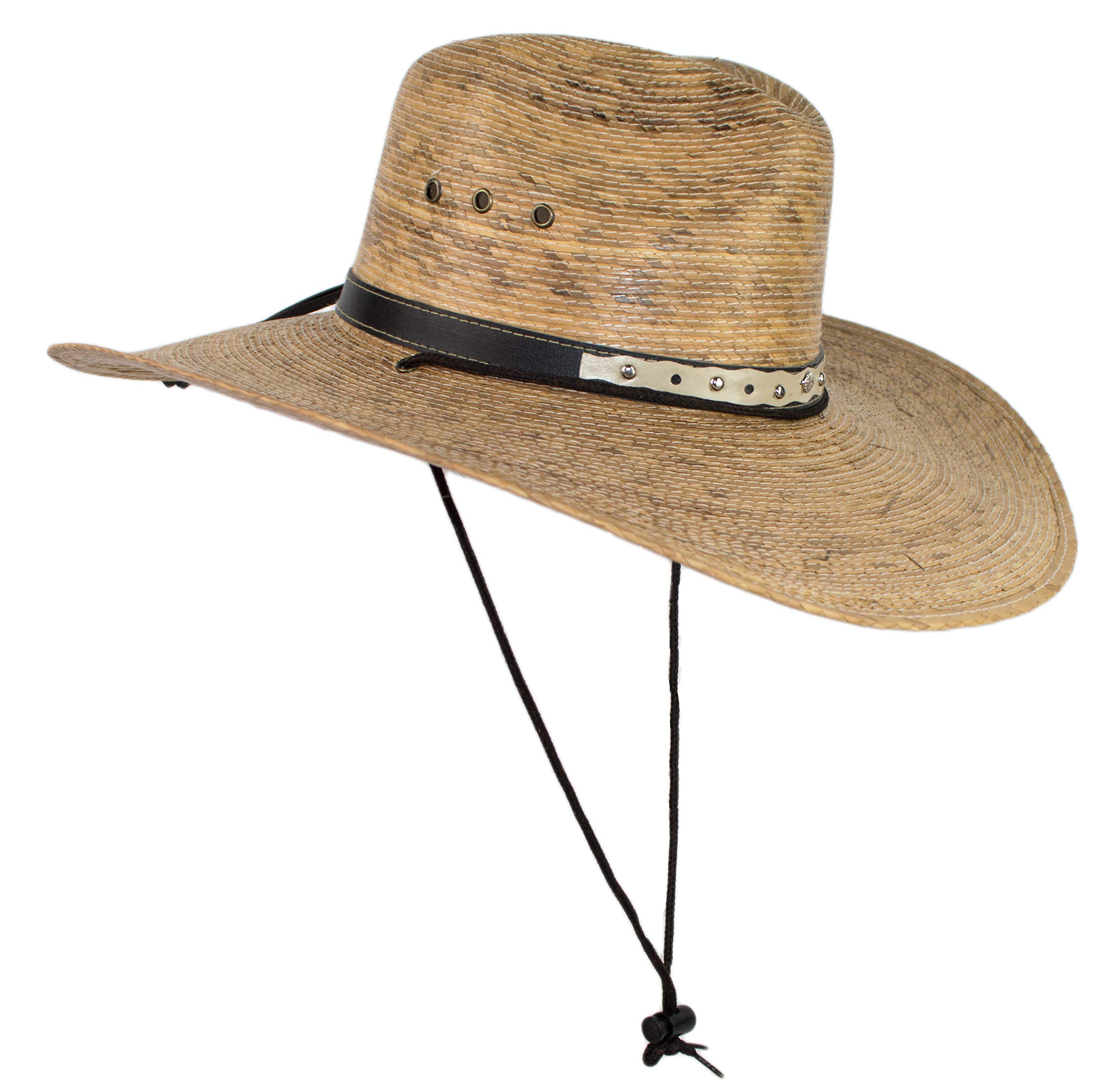 Cowboyhut mit breiter Krempe, mexikanischer Palmblatt, großer Sonnenhut mit Kinnriemen, für Damen und Herren, Natur