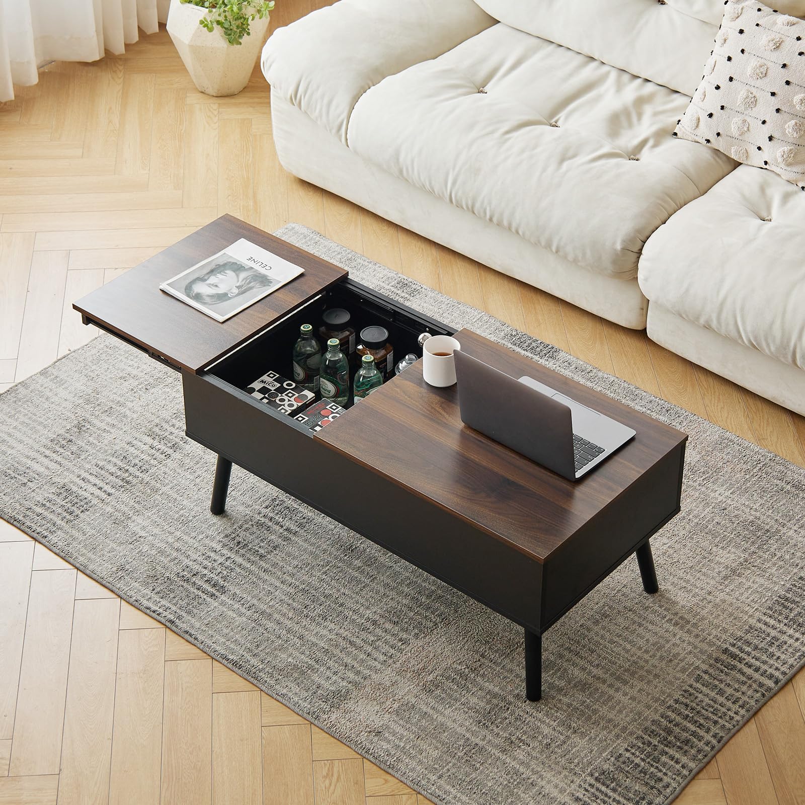 Tavolino alto nero con vano portaoggetti nascosto, design estensibile, per piccoli spazi, altezza regolabile per divani 100 x 50 cm, arredamento moderno per soggiorno