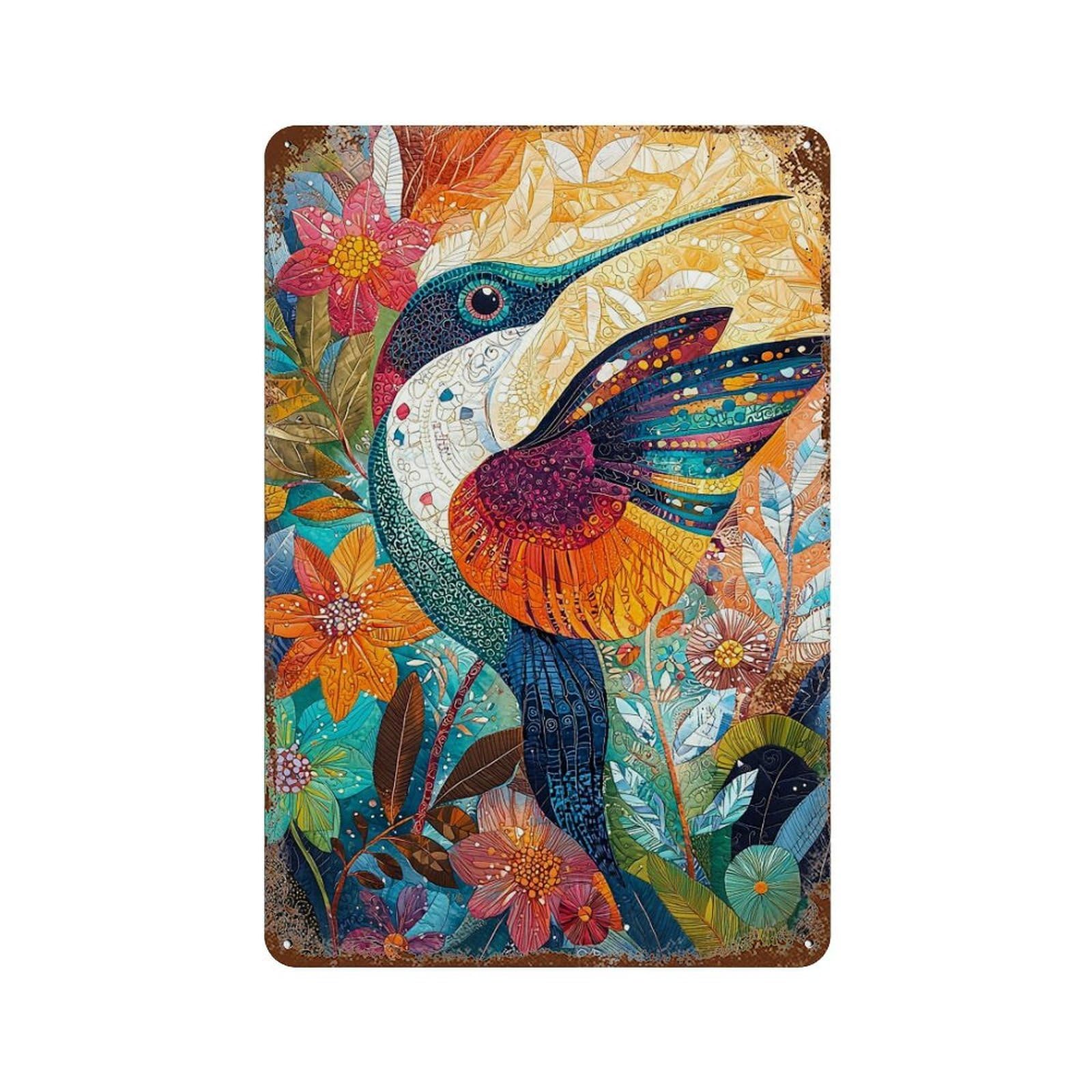 Garage Style Colorful Hummingbird Art Print-1 Distressed Metal Wall Sign 11.8"x7.9", Shabby Chic Decor for Bar And Workshop