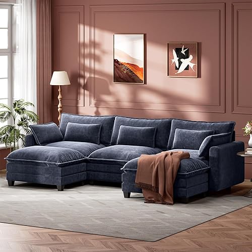 Marsail Modular Sectional Sofa 110.6" U-Shaped Modern Comfy Cloud Couch, 5-Seat Chenille Deep Seat Sofa with Throw Pillow & Movable Ottoman for Living Room, Bedroom and Apartment, Blue
