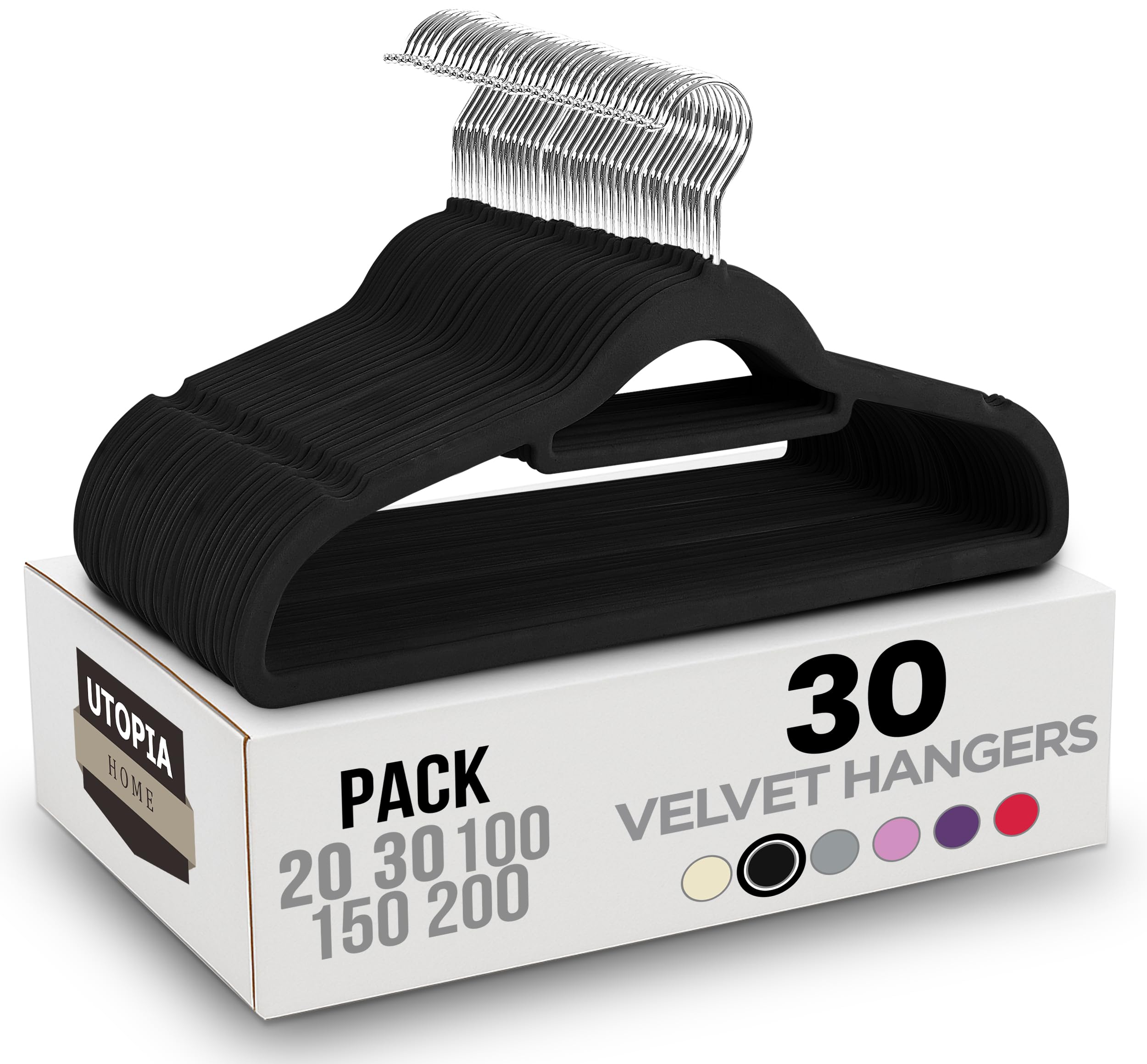 Utopia Home Premium Velvet Hangers 30 Pack - Non-Slip Clothes Hanger with Tie Bar - Black Hangers with 360 Degree Rotatable Hook - Heavy Duty Coat Hanger
