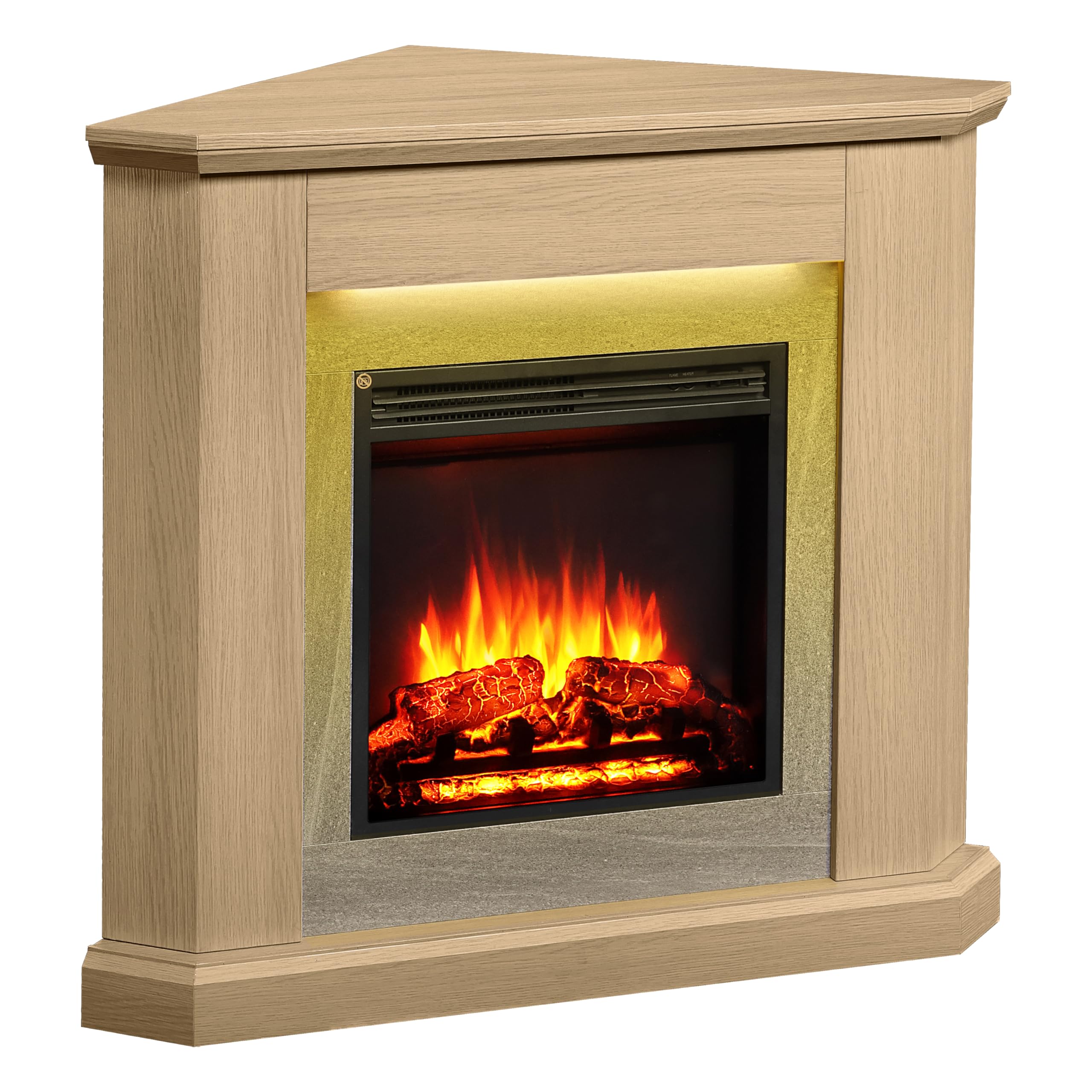 Flamme Natural Oak Howick Corner Fireplace With 38'' Surround With 2Kw Fireplace Heater Multiple Colours Available Size 38
