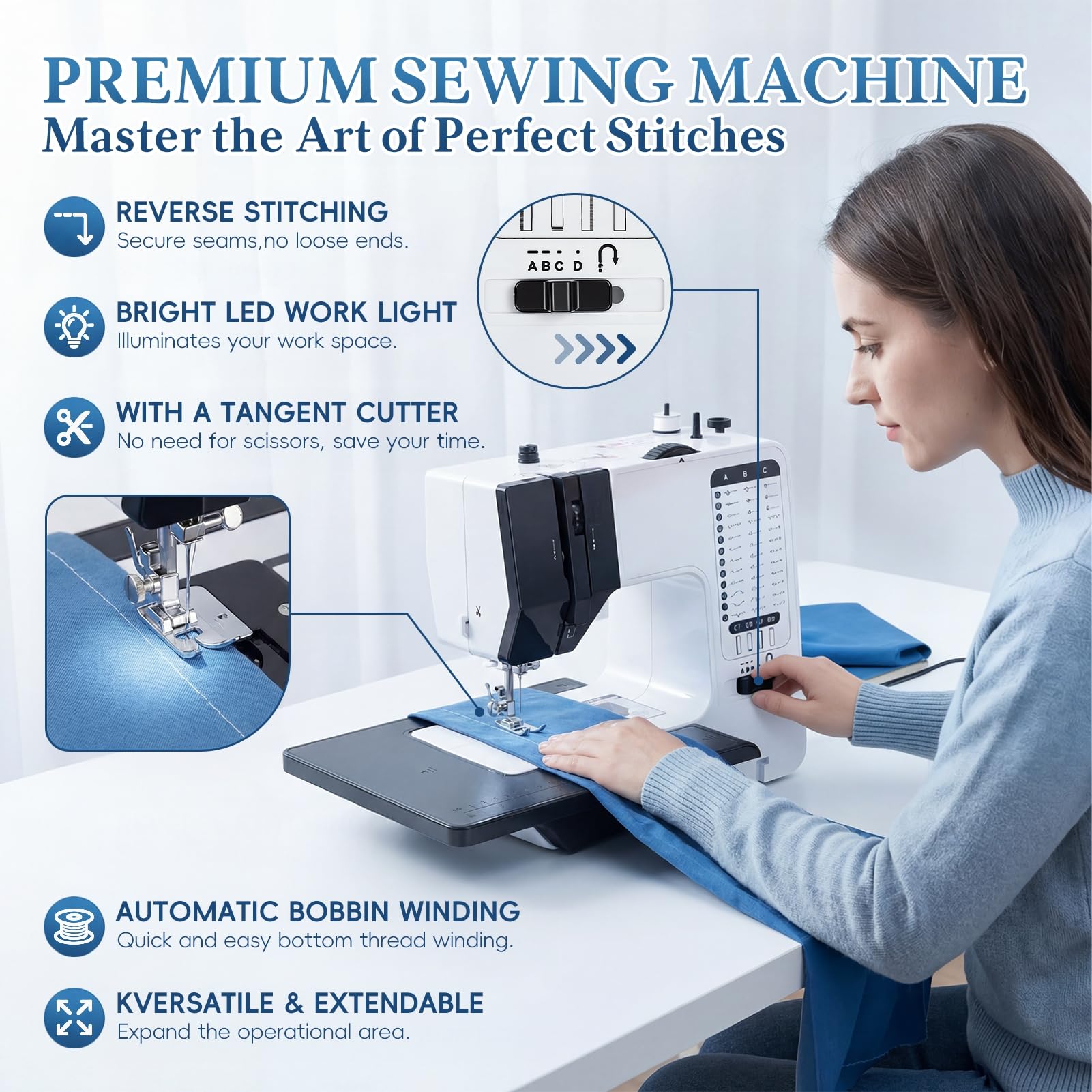 Machine à coudre avec 38 points intégrés – électrique domestique pour débutants, table d'extension, lumière LED, fonction point arrière, portable le quilting, les travaux UE