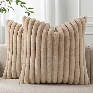 Pallene Faux Fur Plush Throw Pillow Covers 26x26 Set of 2, Luxury Soft Fluffy Striped Decorative Pillow Covers for Sofa, Couch, Living Room, Khaki