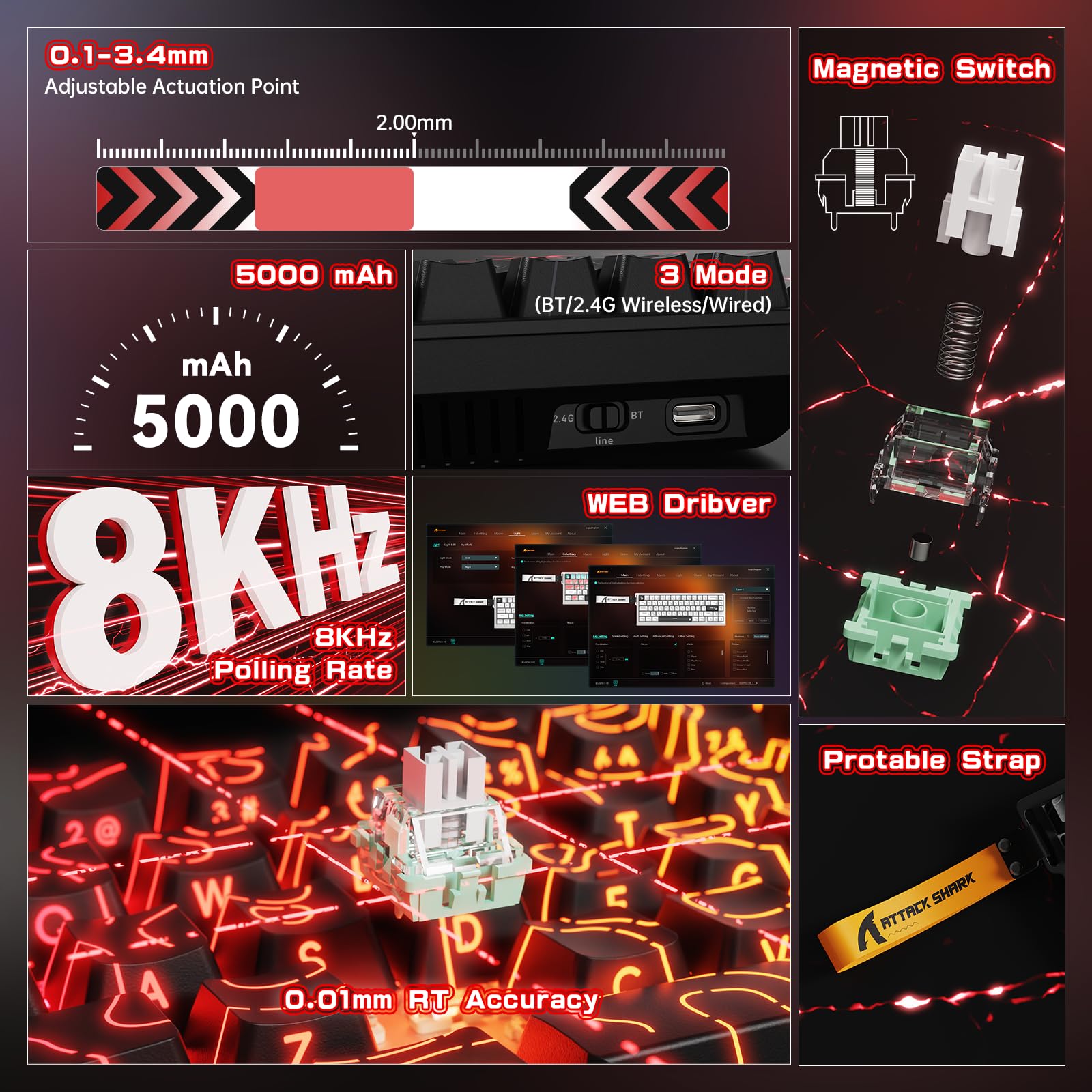 MAMBASNAKE × Attack Shark Teclado y ratón inalámbricos con interruptores magnéticos, Teclado de Disparo rápido de 8 kHz, ratón Gaming trimodo de 59g para pc/Mac(Negro)