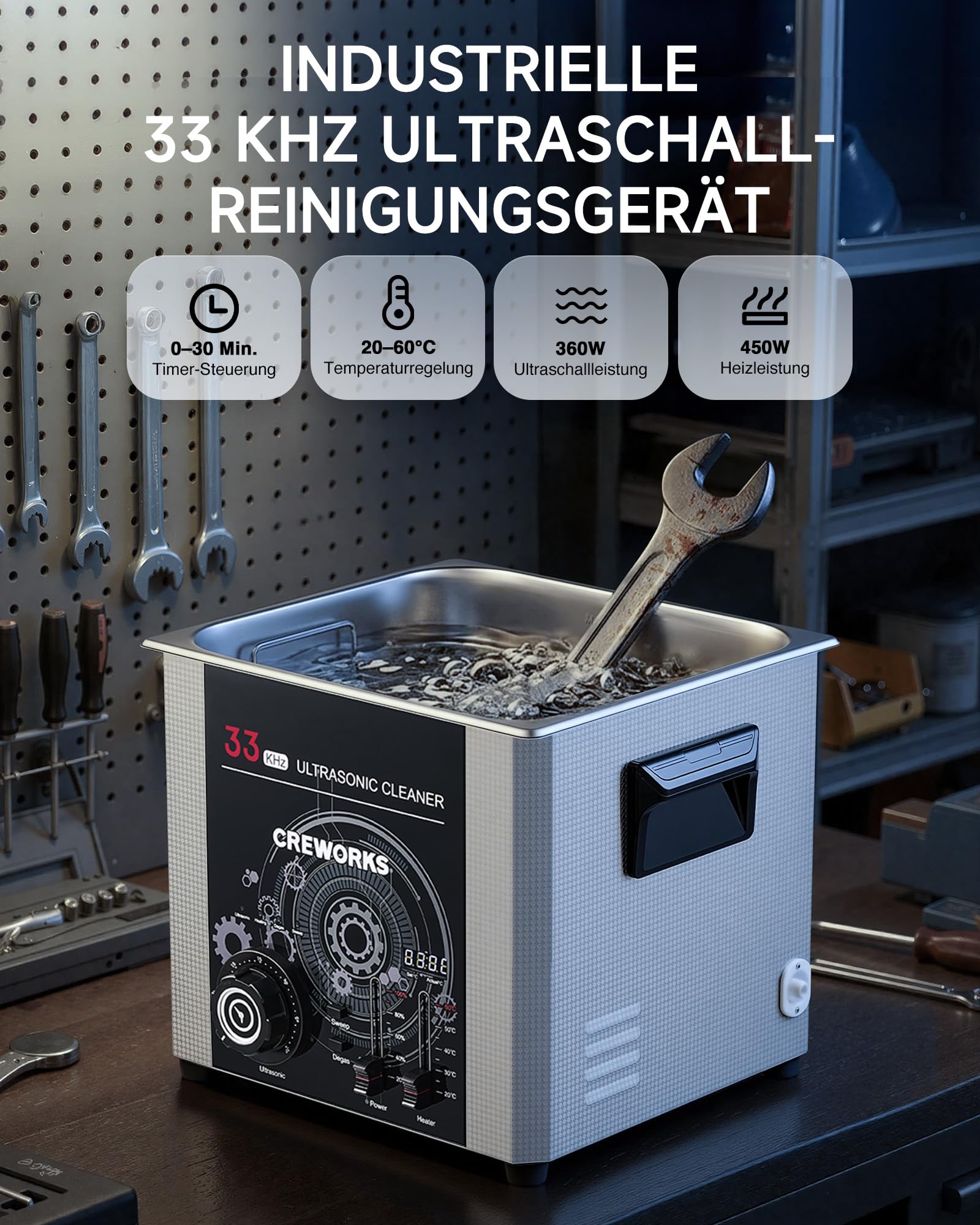 CREWORKS 15L Ultraschallreinigungsgerät Industriell, 33kHz 360W Ultraschallreiniger mit Sweep-Funktion, einstellbarer Timer und Temperatur, Teilereinigungsgerät mit Edelstahlkorb, 450W Heizleistung
