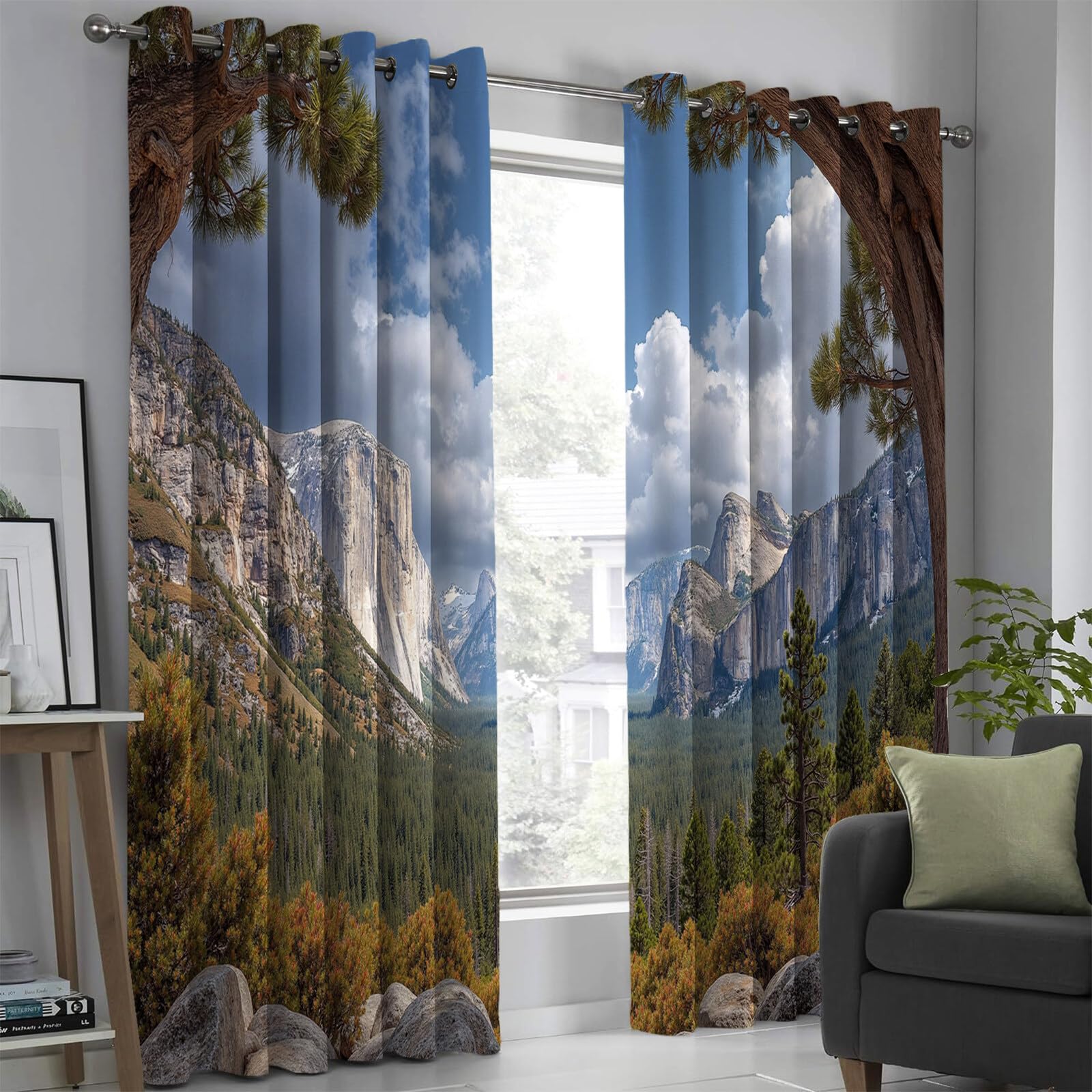 Tenda Oscuranti Per Grigio-Verde Scogliera Della Valle Tende Stampate In 3D Con Passanti Foresta Selvaggia Camera Da Letto Soggiorno Balcone Decorazione Da Finestre, 107X160Cm(L X A)