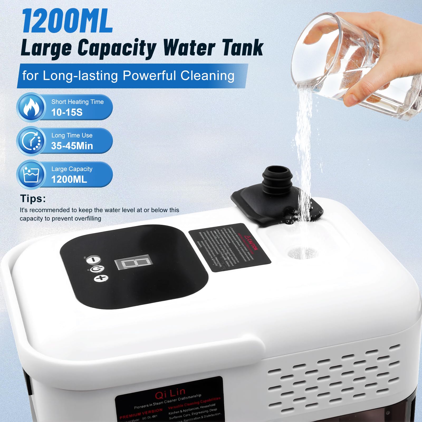2500W Pulitore a Vapore Portatile, 9 Velocità Regolabili, con 9 Accessori, 1,2L Grande Serbatoio Steam Cleaner, per Cucina Bagno Patio Piastrelle Fughe Pavimenti (Bianco)