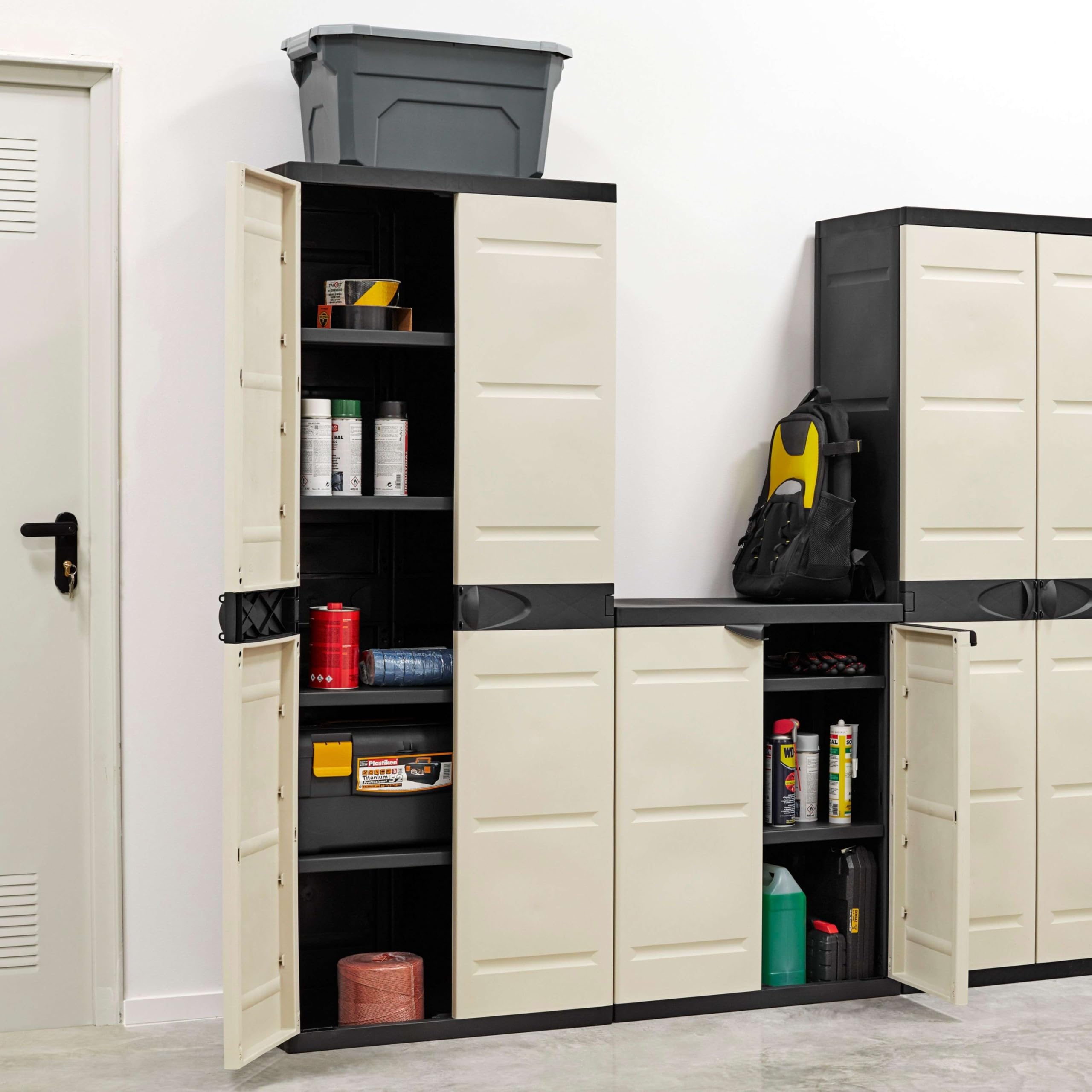 Miroytengo Armoire en résine à balais de jardin Titanium, armoire extérieure 2 portes 4 étagères Noir 70 x 176 x 41 cm