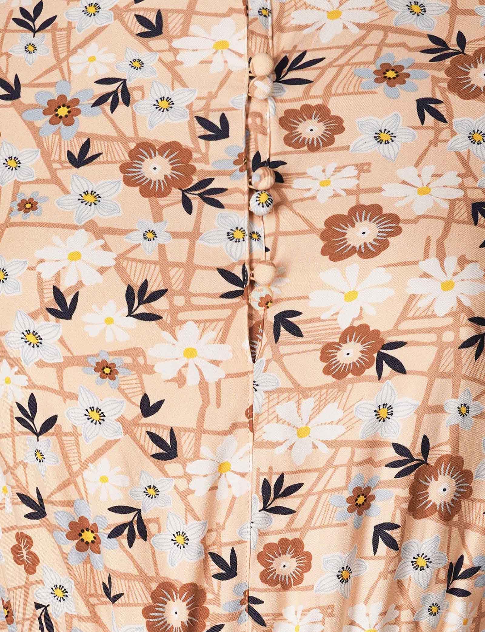 Vestido midi de viscosa de manga larga para mujer con estampado floral, elegante cuello de botón, cremallera lateral discreta y diseño escalonado para un estilo sin esfuerzo
