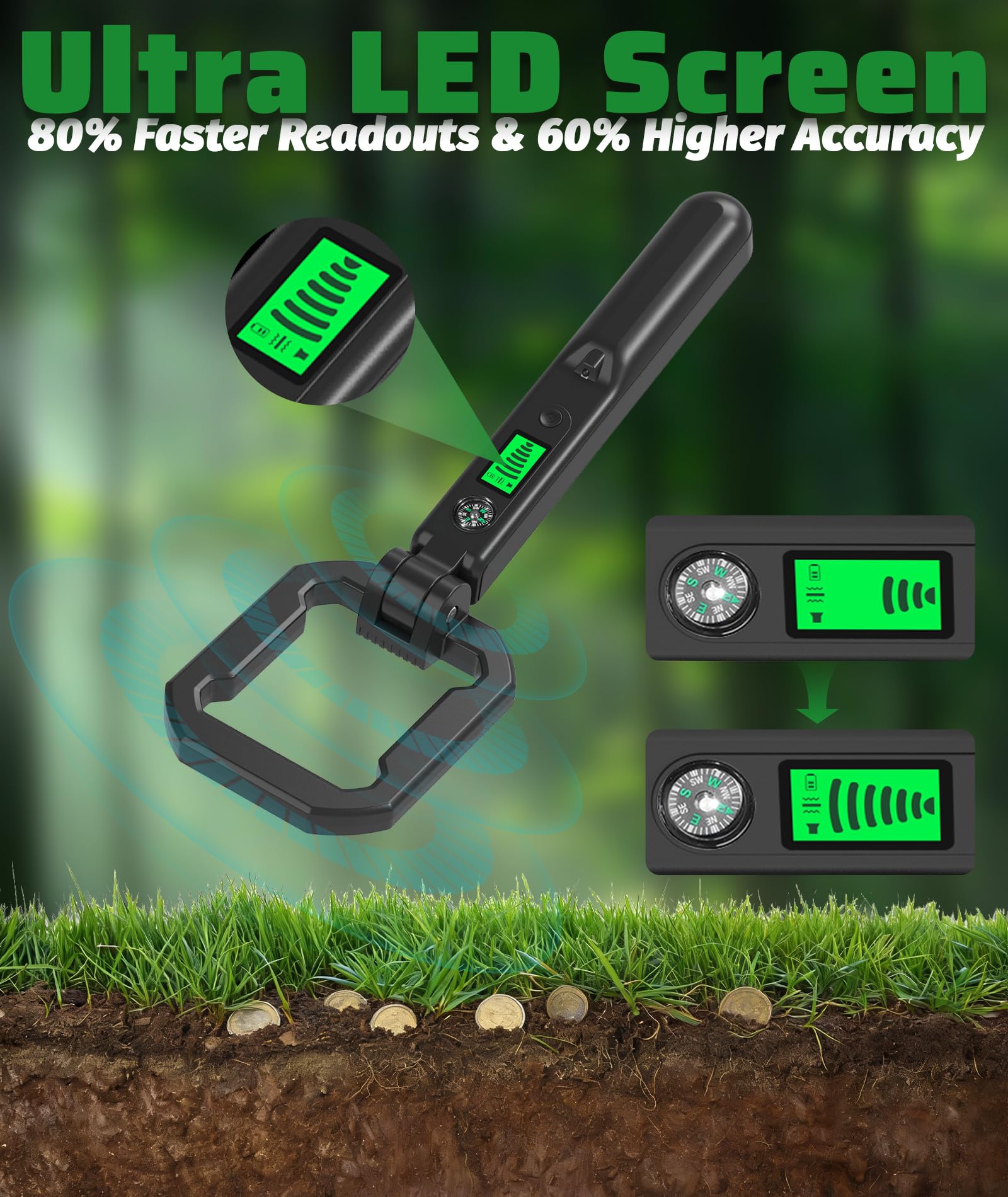 Detector de metales plegable de mano, resistente al agua IP66, para niños y adultos, ligero, portátil, herramienta de detección de 360° con pantalla LCD, brújula y luz LED, funciona con pilas de 9 V