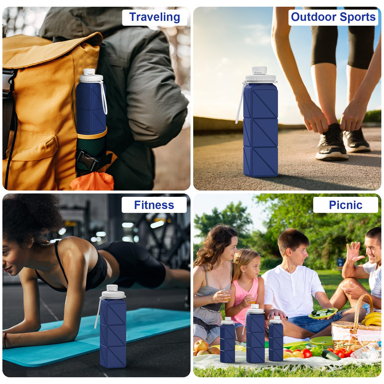 Faltbare Wasserflaschen, Silikon, 590 ml, leicht, wiederverwendbar, auslaufsicher, für Reisen, Wandern, Camping, Radfahren, Workout, Yoga, Fitness, Indoor-Outdoor-Sport, 3 Stück
