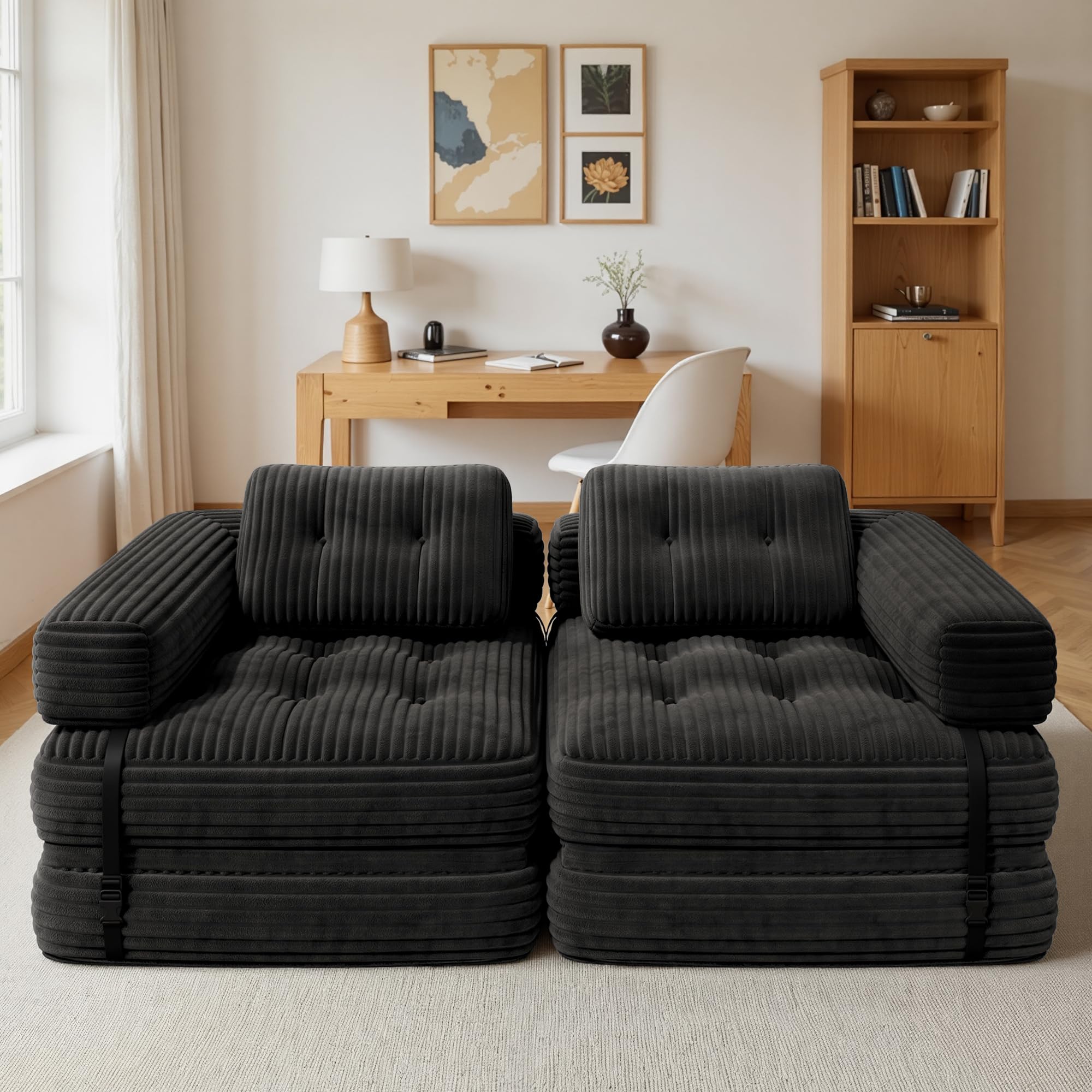 Xbro Canapé-lit Pliable avec Accoudoirs en L, Fauteuil Convertible en Lit 2 en 1 Portable pour Petits Espaces, Tissu Velours Côtelé avec Rembourrage en Mousse, 170 x 85 cm, Déplié,Noir