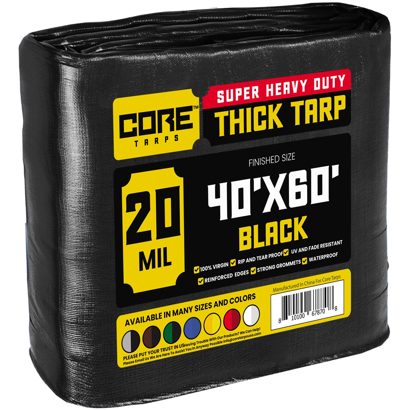 Core Tarps Extreme Heavy Duty 20 Mil Tarp Cover, Waterproof, UV Resistant, Rip and Tear Proof, Poly Tarpaulin with Reinforced Edges for Roof, Patio, Pool, Boat (Black 40′ X 60′)