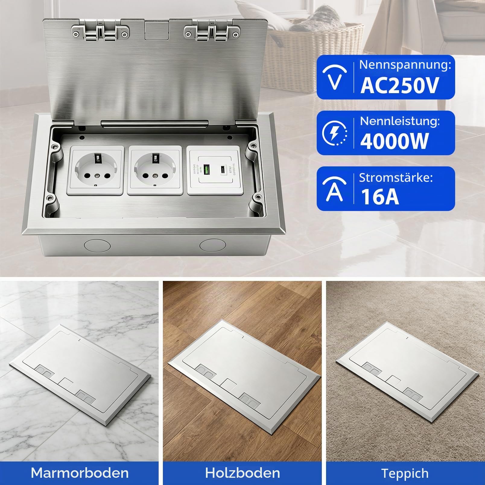 Bodeneinbau Steckdosenkasten, 16A 4000W Edelstahl-Bodensteckdose Set | AC250V Einbausteckdose Versenkbar mit 2 AC Steckdosen & 1 USB-A & 1 USB-C, für Büroräume, Hotels, Schulen