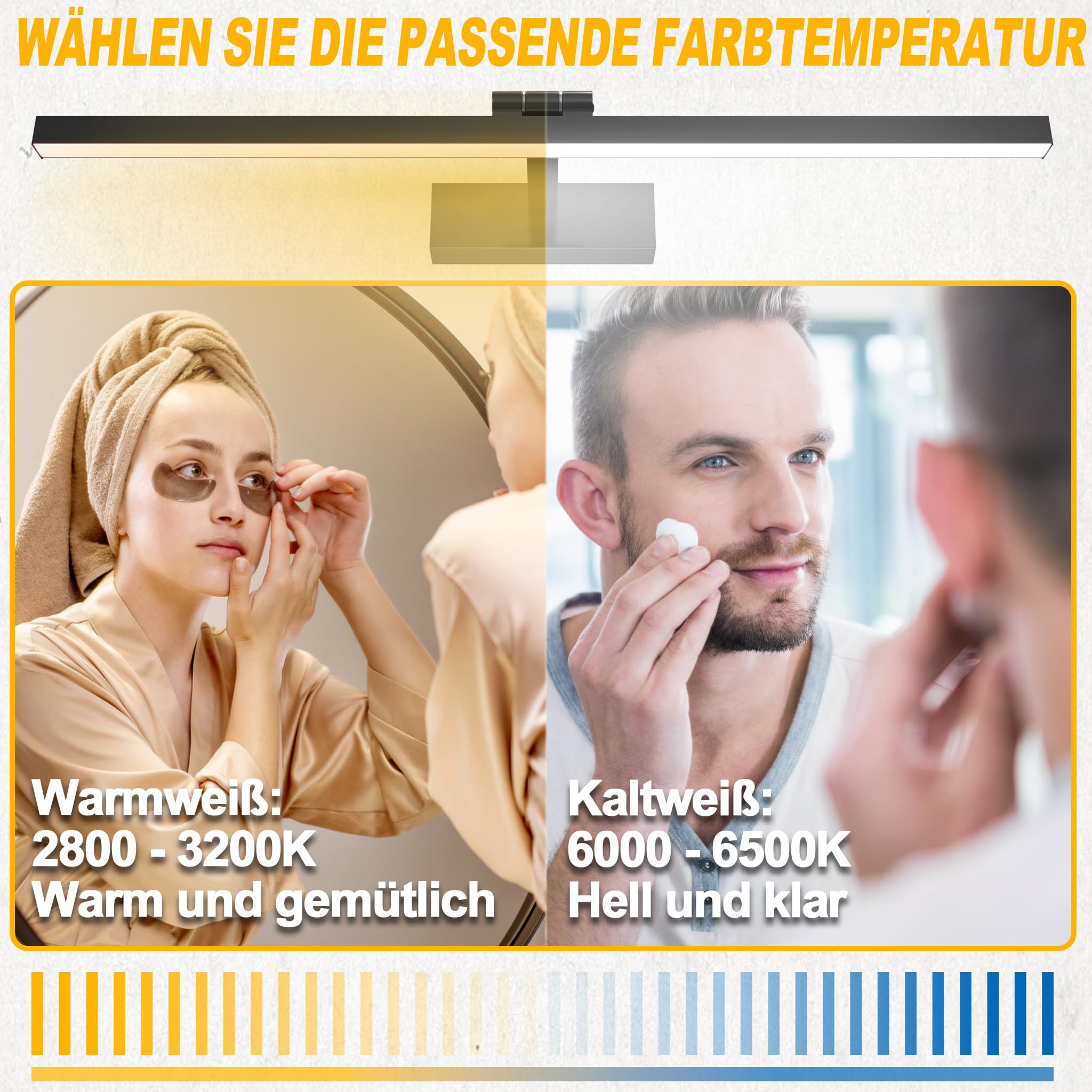 UISEBRT 10W 40cm LED Spiegellampe Badezimmer, Leuchtstoffröhre 180° Verstellbar, Schwarz Badezimmer Lampe Modern IP44 Schrankleuchte für Wandbeleuchtung und Spiegel Beleuchtung, Typ A Kaltweiß