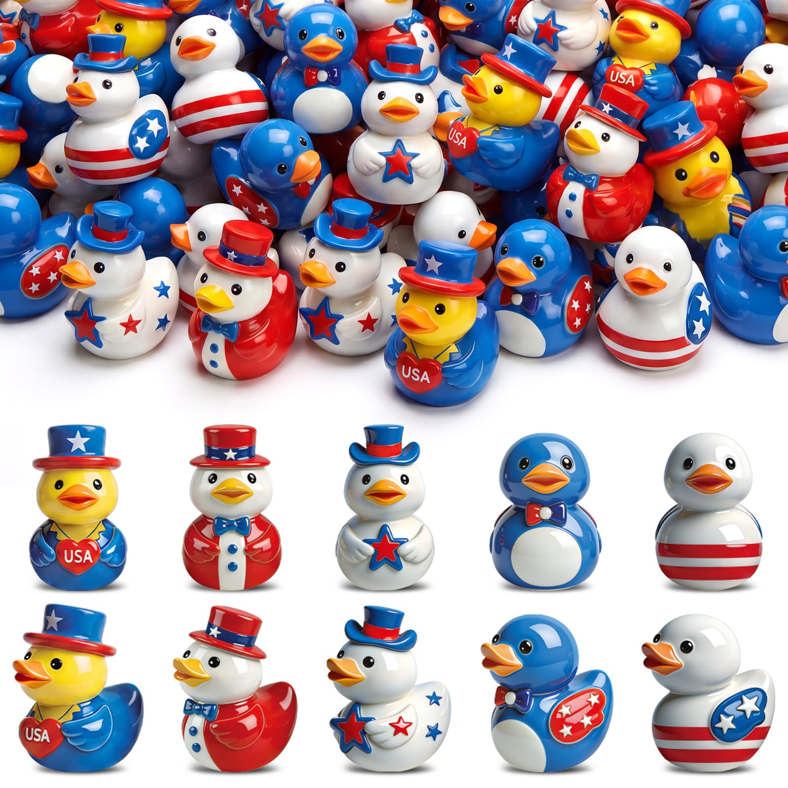 Photo 1 of Leinuosen 100 Pcs Patriotic Mini Resin Ducks 4th of July Tiny Ducks Red White Blue Independence Day Miniature Figurines for Home Office Party Favors Topper Desk Craft Garden Landscape