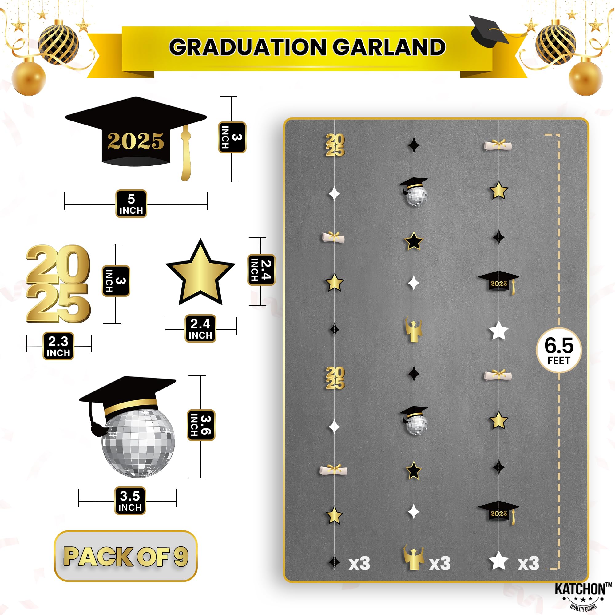KatchOn, Large, Graduation Banner - No DIY, 9 String, 6.5 Feet, Black and Gold, 3 feet by 5 feet - Image 2