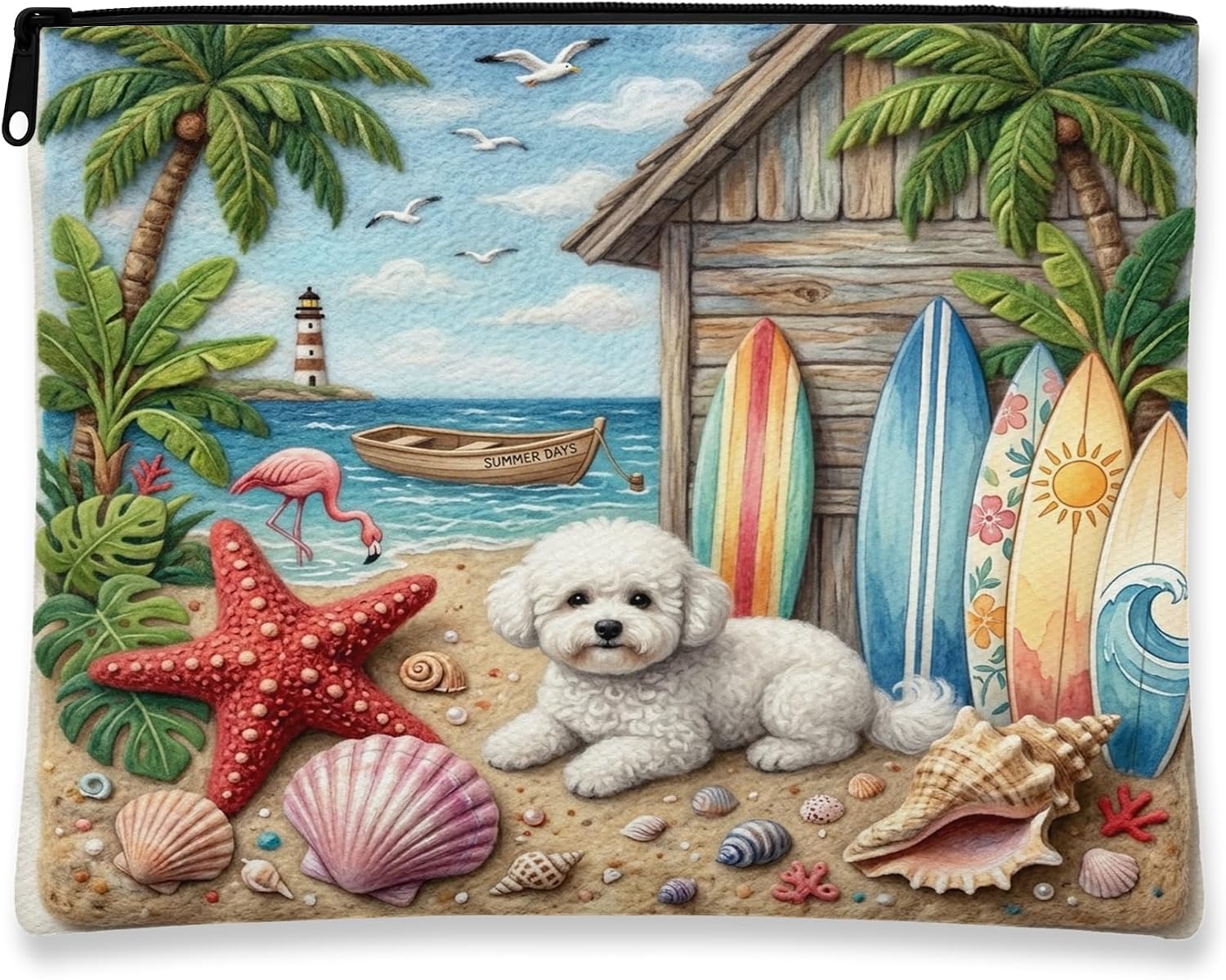 Summer Bichon Frise Dog Beach Makeup Bag 7x9 Inch for Travel Pouch, Coastal Puppy Beachy Cottage Toiletry Cosmetic Pouch for Women, Tropical Portable Canvas Zipper Organizer