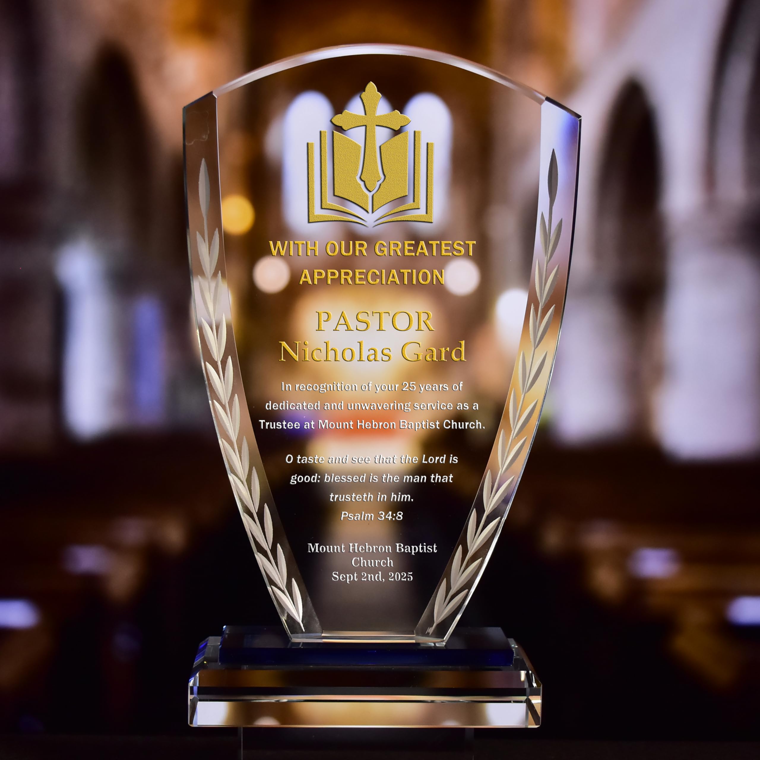 Personalized 9” Glass Appreciation Plaque for Pastors, Engraved with Names, Appreciation Messages, Church Name and LOGO, Completely Customized Gift