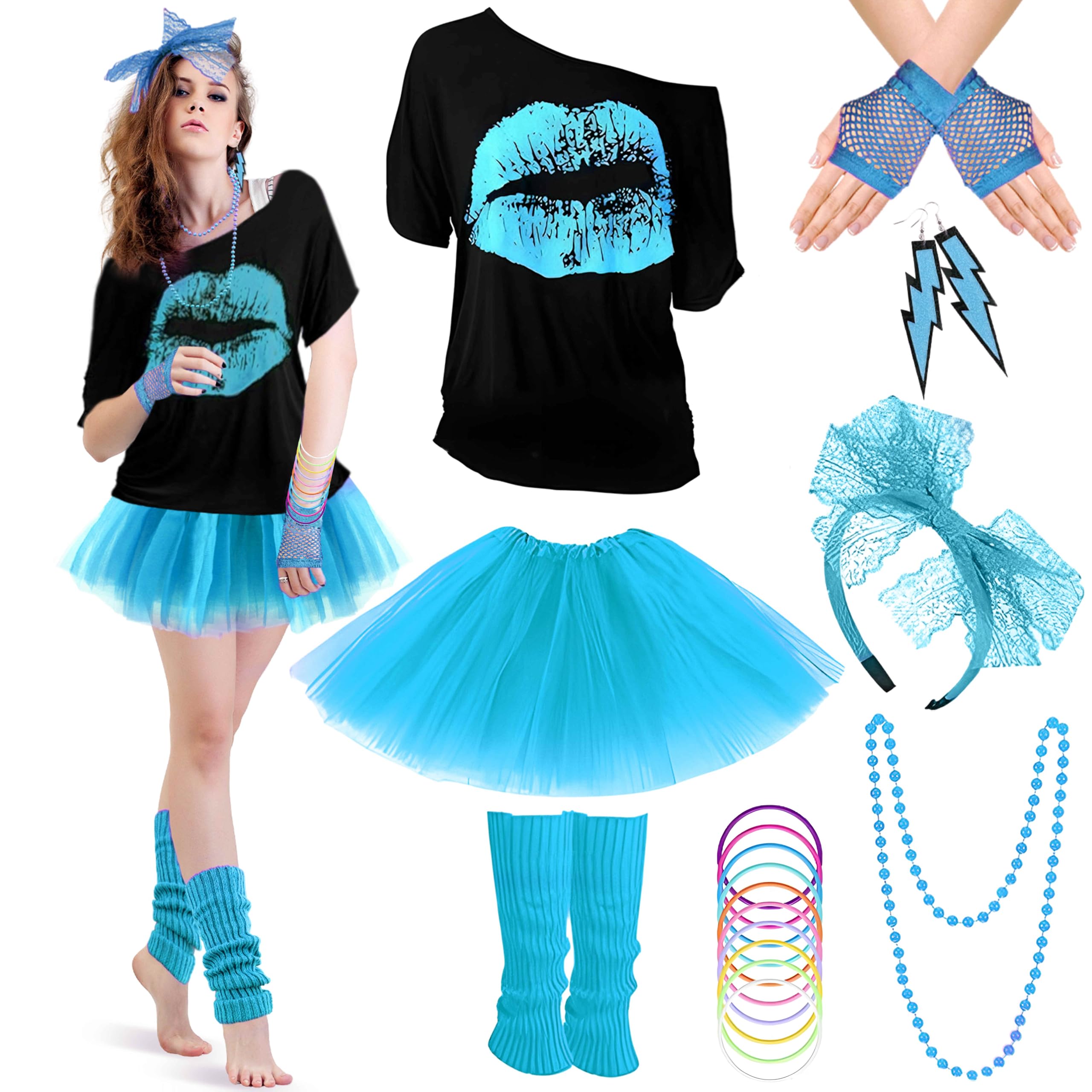 Costume Anni 80 Donna, 2 Pezzi Con Maglia A Rete E Guanti, Per Feste Halloween, Retrò, Discoteca