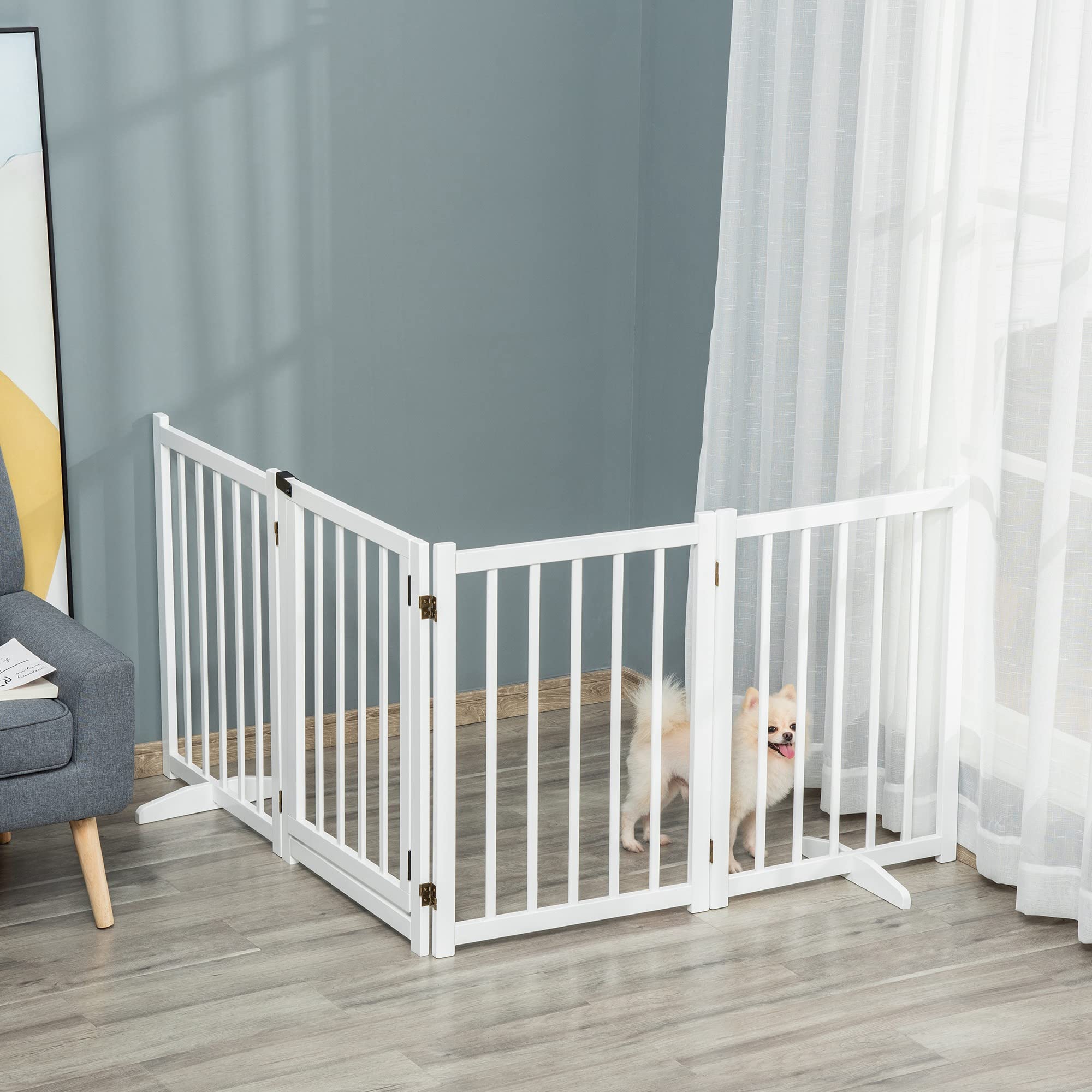 PawHut Barrera para Perros Plegable 4 Paneles Puerta 237,5x36x80 cm Blanco | Valla para Perros Pequeños y Medianos, Barrera de Seguridad de Madera, para Escaleras Pasillos