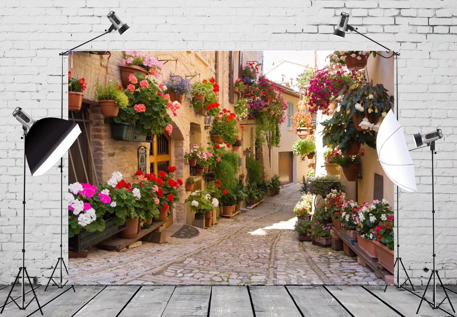 BELECO 7x5ft Fabric Italy Street Photography Backdrop Europe Village Town Landscape Buildings Colorful Flowers Photo Background Italian Themed Party Backdrop Holiday Travel Pictures Shooting Wallpaper
