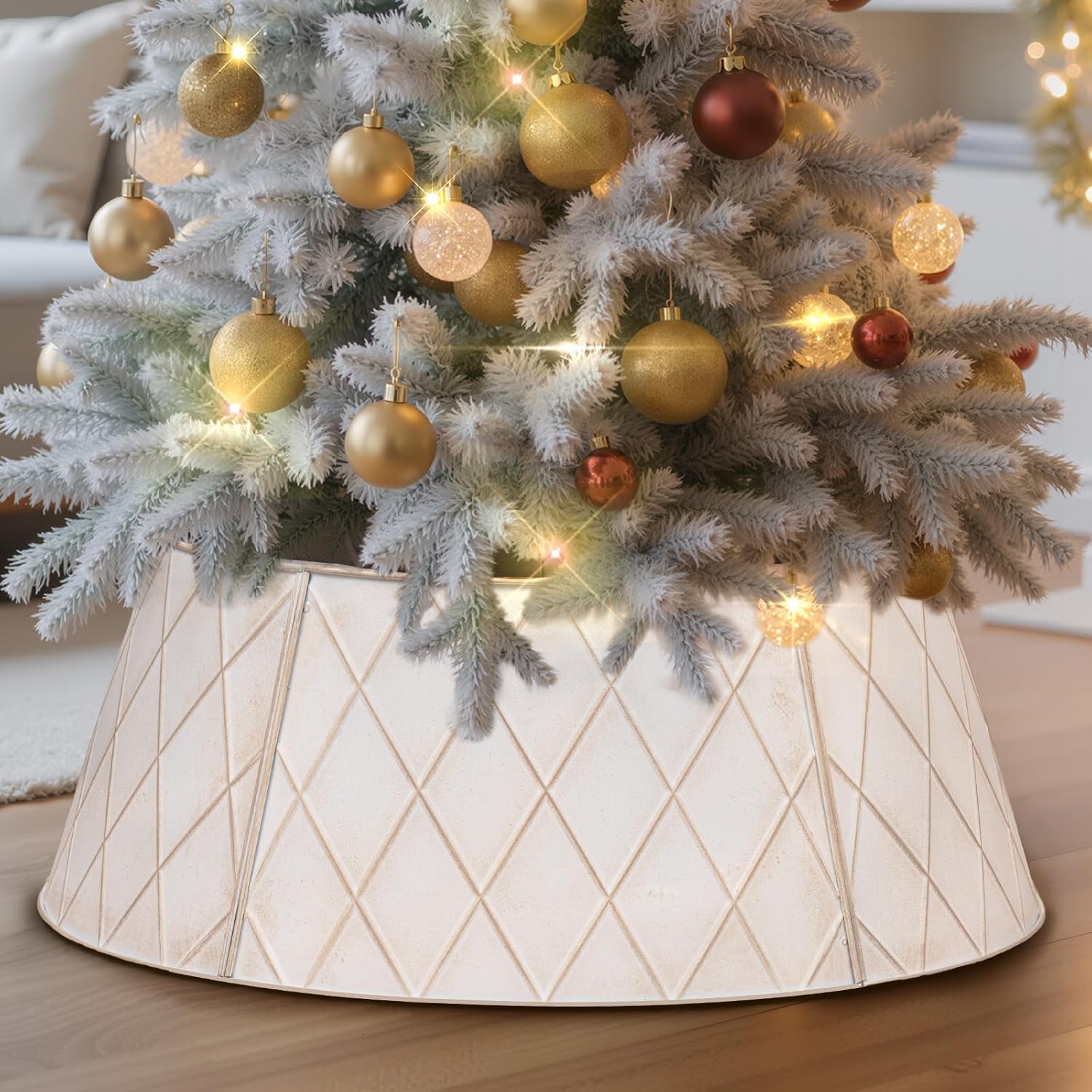 Lanpn Metal Christmas Tree Collar 24 inch, Christmas Tree Ring Collar for Small Mini Pencil Xmas Stand Cover Real Artificial Trees Indoor Outdoor Decoration (White, Diamond, 60cm) Lanpn Metal Christmas Tree Collar 24 inch, Christmas Tree Ring Collar for Small Mini Pencil Xmas Stand Cover Real Artificial Trees Indoor Outdoor Decoration (White, Diamond, 60cm)