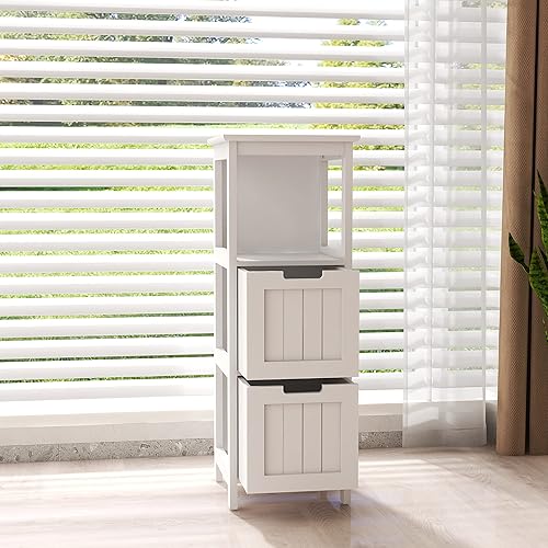 Miniatura 7 de NewCosmos Armario de piso de baño con 2 cajones y 1 estante de almacenamiento organizador de almacenamiento de madera independiente color blanco