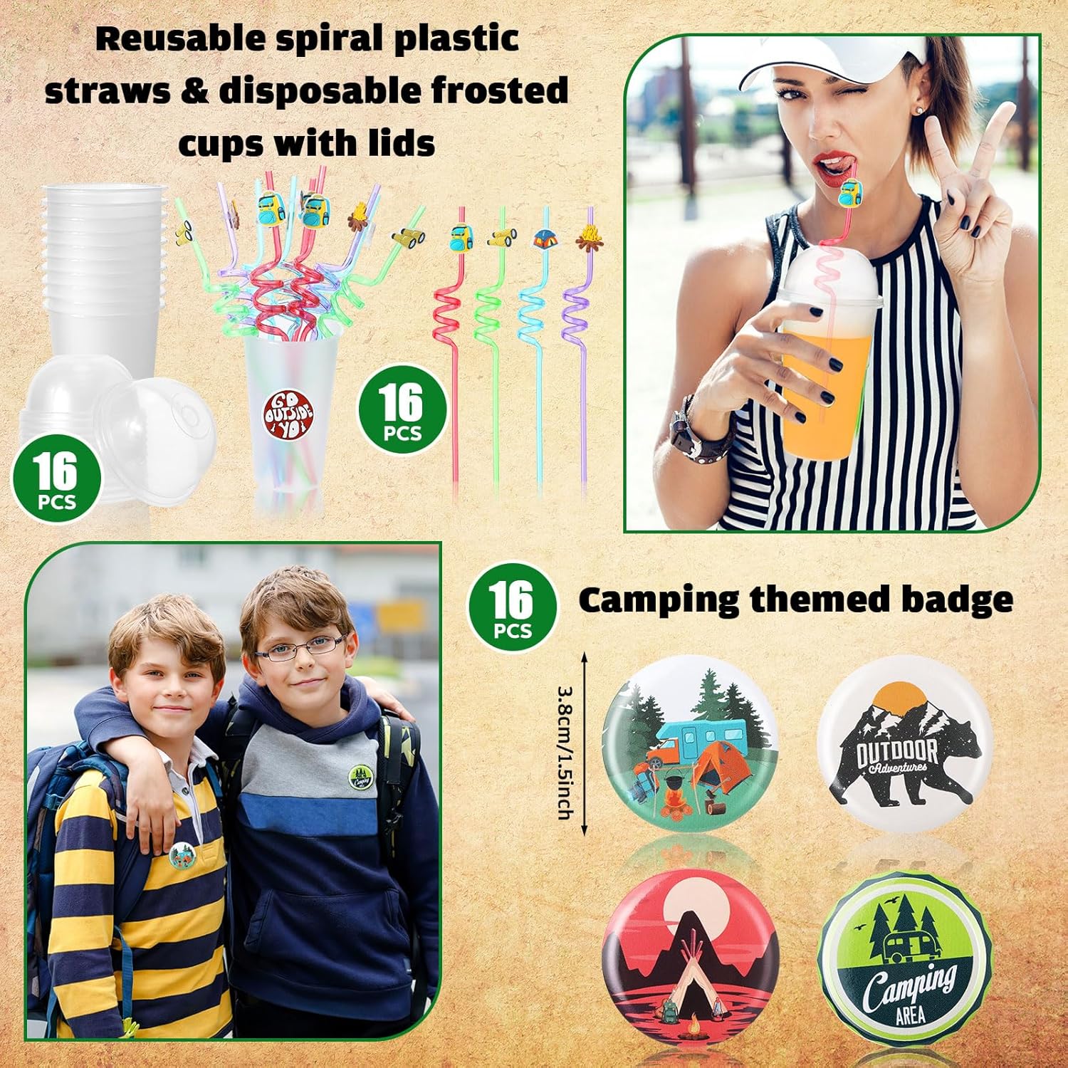Yaomiao 163 Pcs Spring Camping Party Favors with Mini Compass for Kids Flashlights Keychain Cups with Dome Lids Silicone Bracelets Stickers Badge Plastic Straw Tag for Camping Adventure Valentine Gift