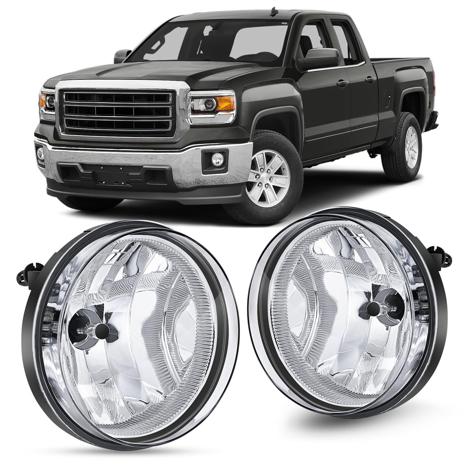 Nilight Fog Light Assembly Compatible with 2007 2008 2009 2010 2011 2012 2013 GMC Sierra 1500 07-14 Sierra 2500HD 3500HD Clear Lens Lamps Replacement 880 12V 27W Bulbs