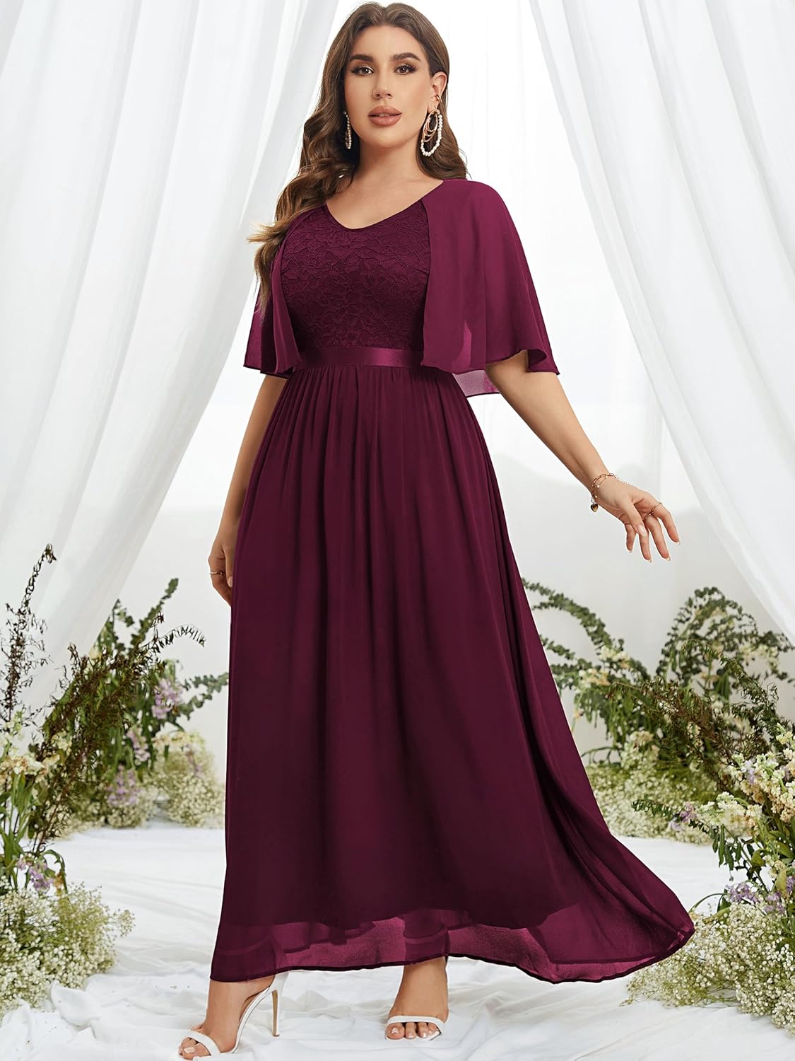 Knitee Women's Plus Size Half Sleeves Cape Dress Lace Chiffon V Neck Evening Party Maxi Dress - Image 3