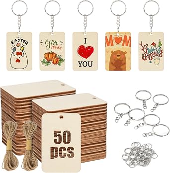 50Pcs Blank Rectangle Wooden Keychain Set, Unfinished Wood Slices with 50Pcs Key Rings, with Jute Rope Wood Keychain Key Tags for DIY Craft Supplies