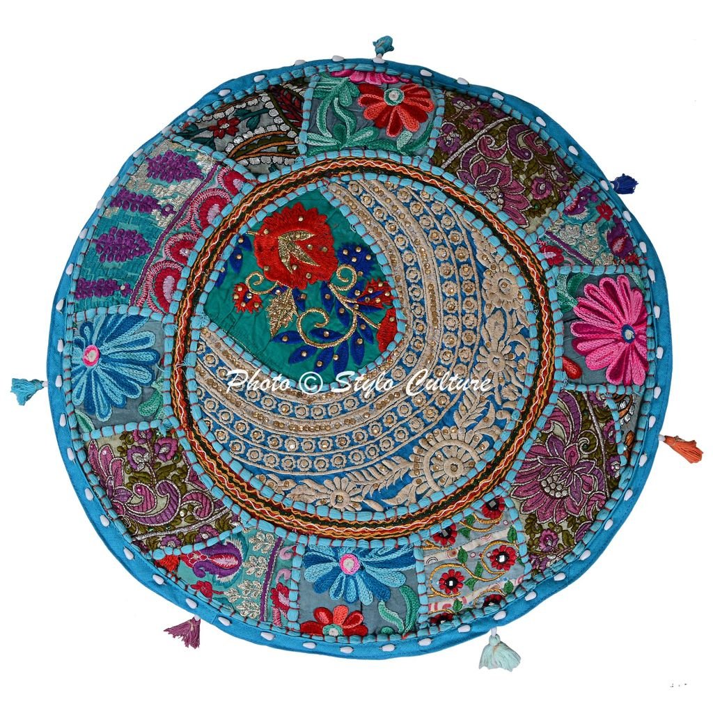 Stylo Culture Indian Round Footstool Pouffe Cover Patchwork Embroidered Cotton Ottoman Stool Pouffe Cover Home Decor Turquoise Traditional Seating Cover Traditional Furniture (22x22x14) (COVER ONLY) - Image 3