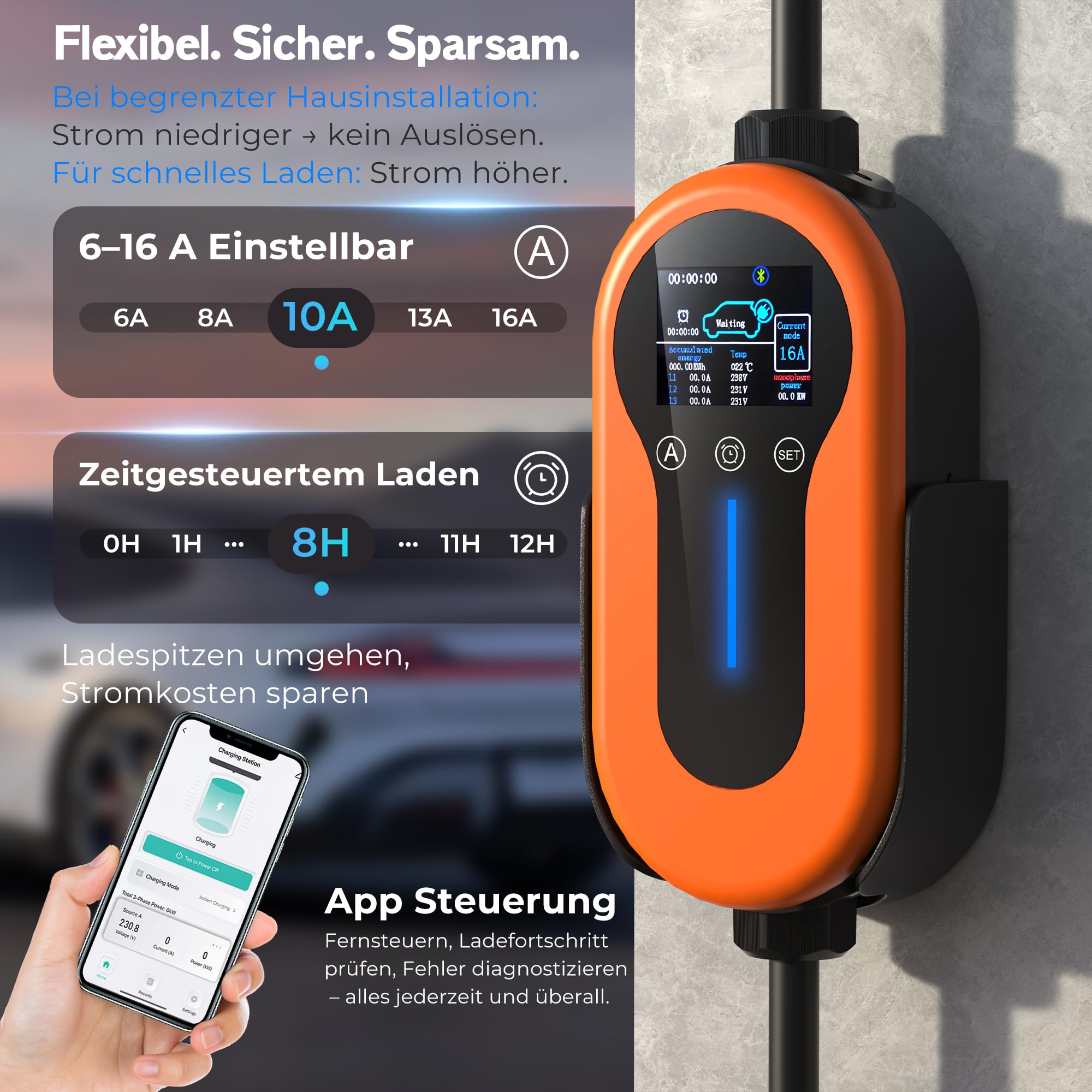 Mobile Wallbox 11kW mit App, 7m Typ 2 Ladekabel, 16A 3-Phasen CEE Stecker, 6-16A Einstellbar, Schuko Adapter, LCD Display, IP65 Wasserdicht, inkl. Tragetasche, Traenvir