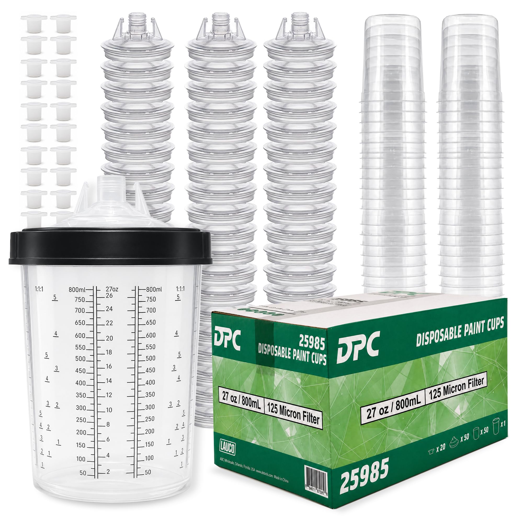 LAUCO Disposable Spray Gun Paint Cups Kit – 50 Pack Liners &amp; Lids with 125 Micron Strainer, Hard Cup, Retainer Ring &amp; Plugs (800ml / 27oz) 25985
